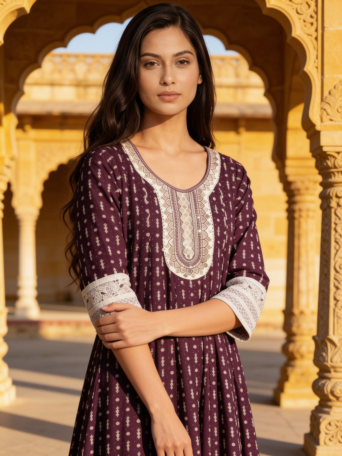 Viscose Embroidered Flared Calf Length Kurta With Pant