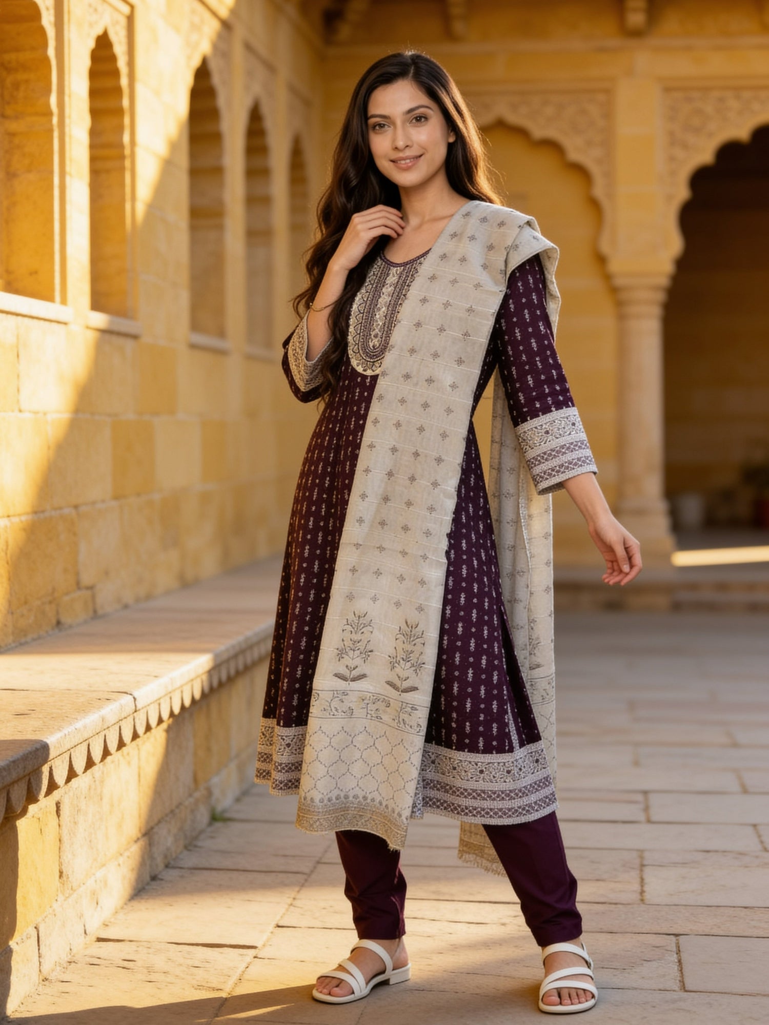 Buy Viscose Embroidered Flared Calf Length Kurta With Pant-Wine