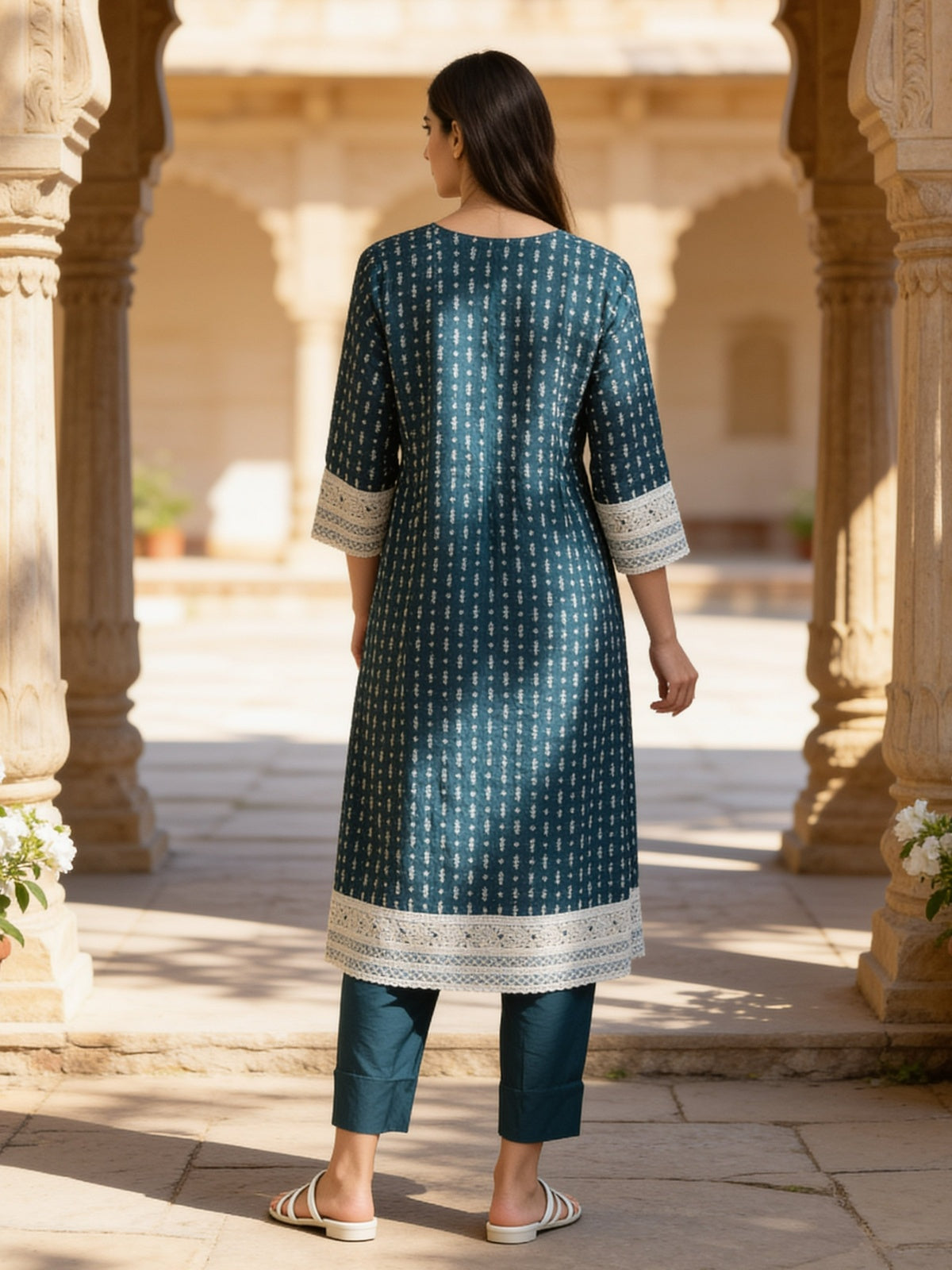 Buy Viscose Embroidered Flared Calf Length Kurta With Pant and Dupatta-Blue