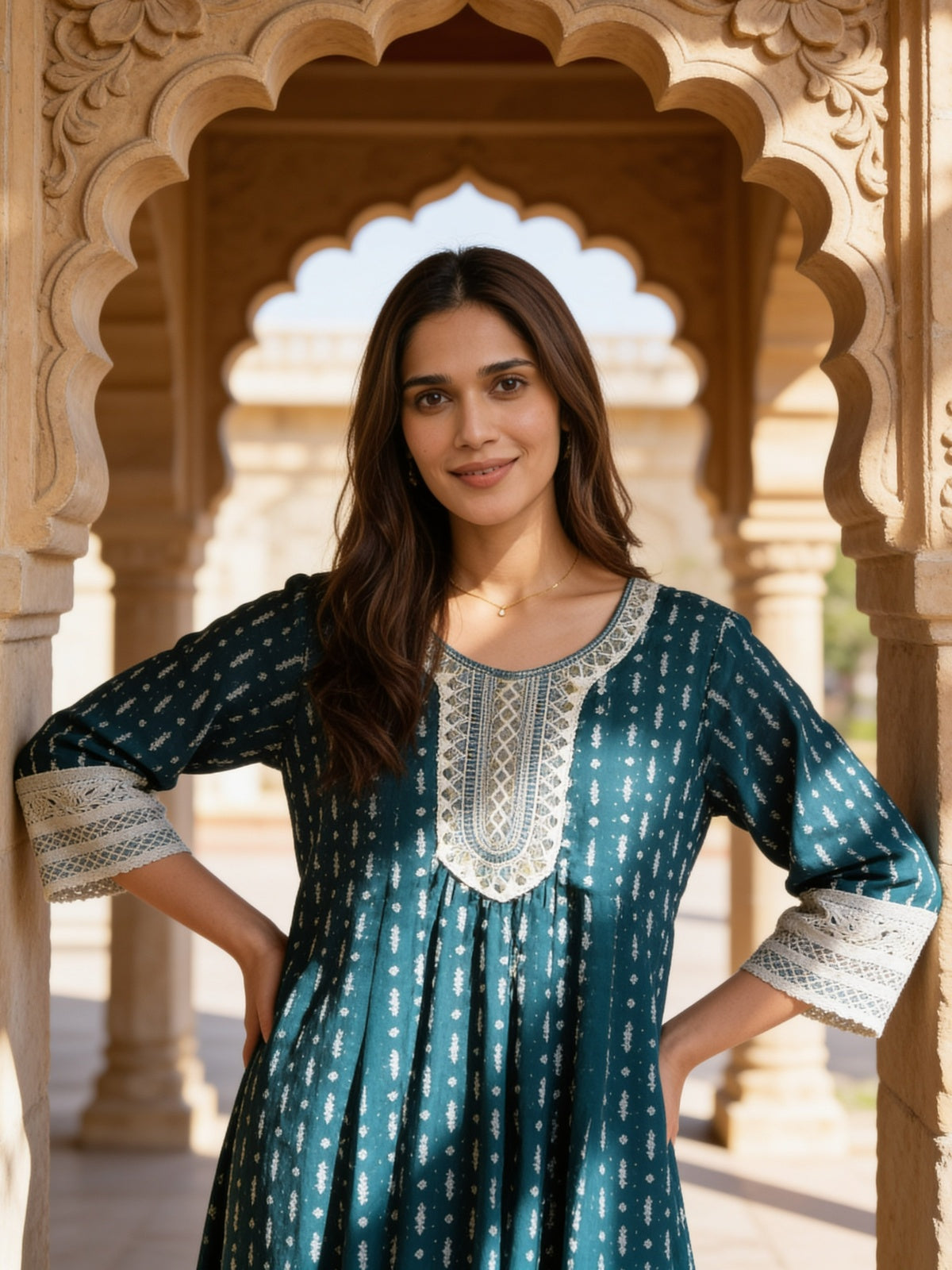 Buy Viscose Embroidered Flared Calf Length Kurta With Pant and Dupatta-Blue