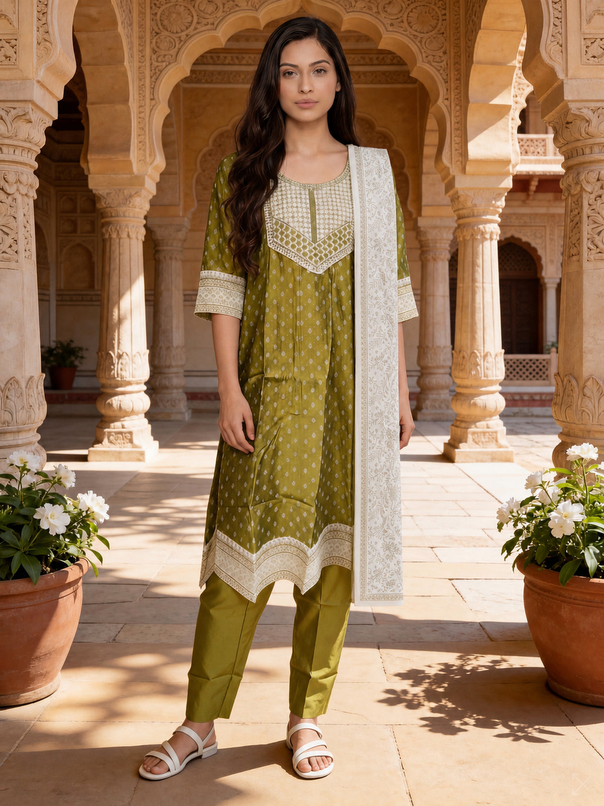 Buy Viscose Embroidered Straight Calf Length Kurta With Pant and Dupatta-Olive Green