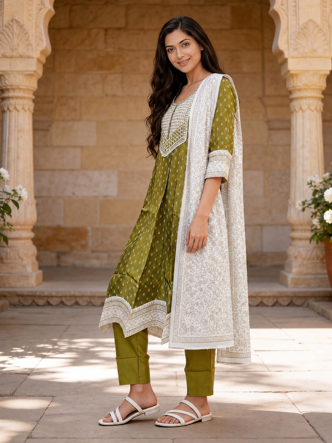 Buy Viscose Embroidered Straight Calf Length Kurta With Pant and Dupatta-Olive Green