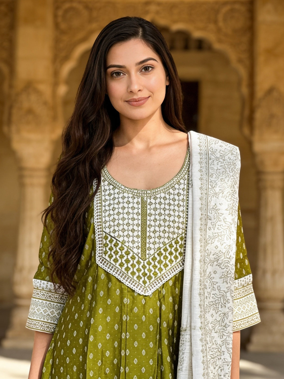 Buy Viscose Embroidered Straight Calf Length Kurta With Pant and Dupatta-Olive Green
