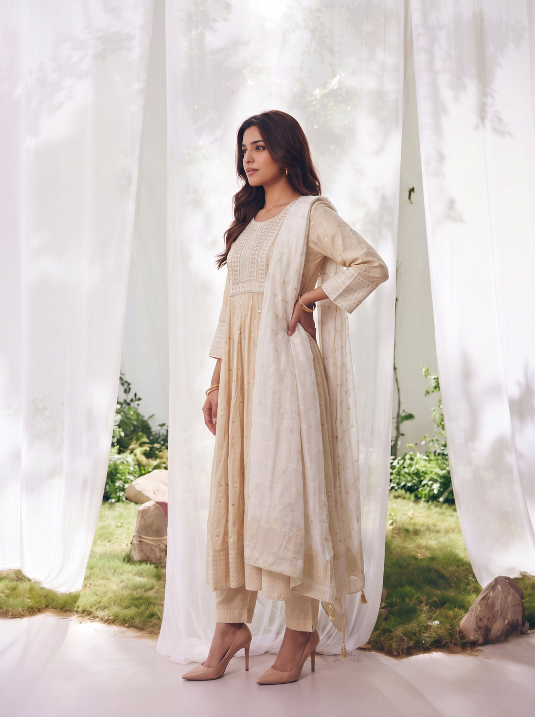 Buy Viscose Embroidered Straight Calf Length Kurta With Pant and Dupatta-Cream