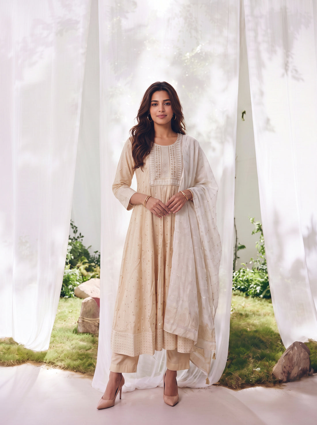 Buy Viscose Embroidered Straight Calf Length Kurta With Pant and Dupatta-Cream