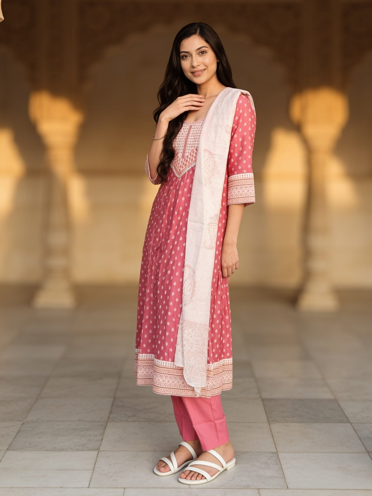 Viscose Embroidered Flared Calf Length Kurta With Pant and Dupatta