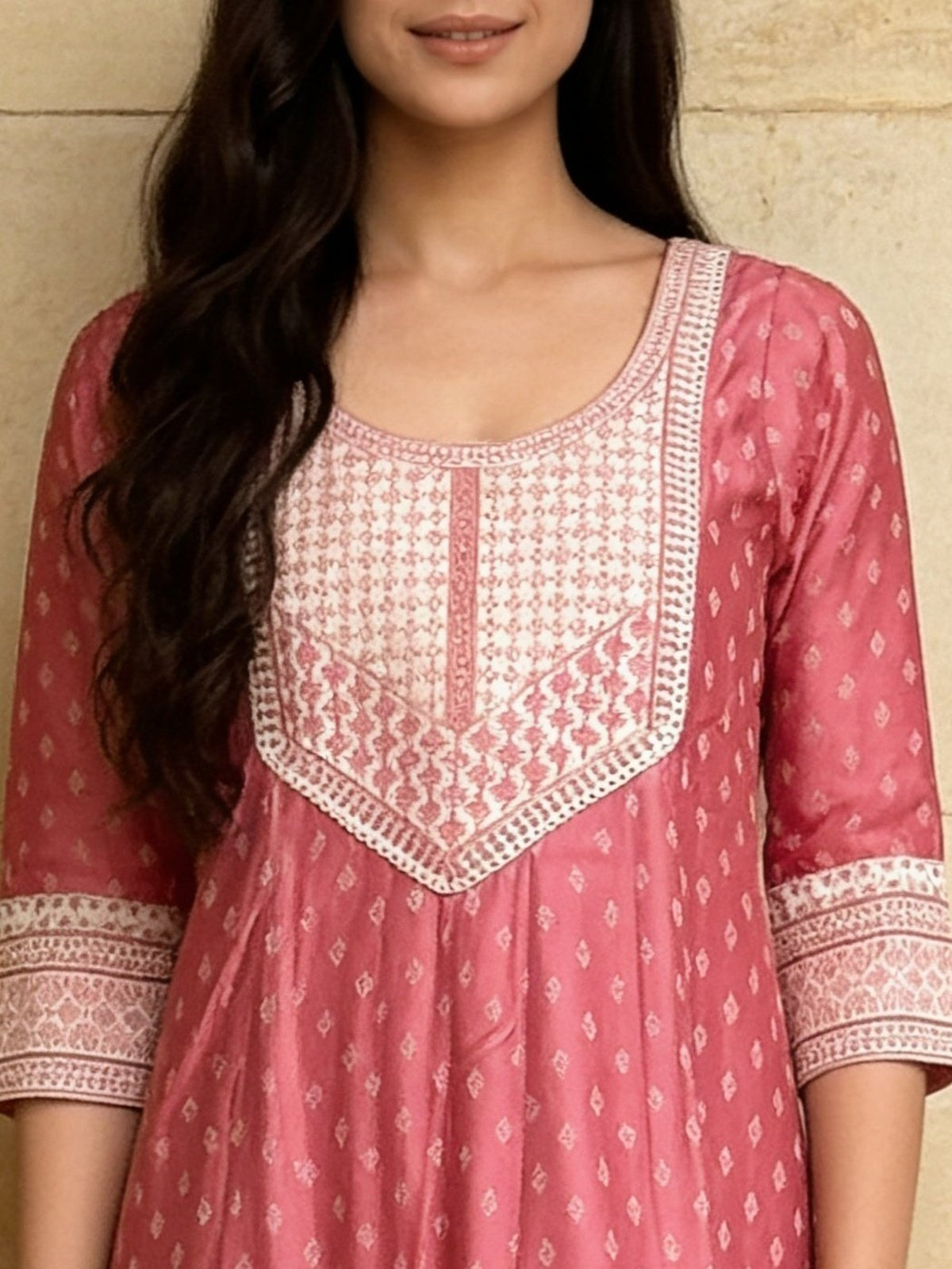 Buy Viscose Embroidered Flared Calf Length Kurta With Pant and Dupatta-Pink