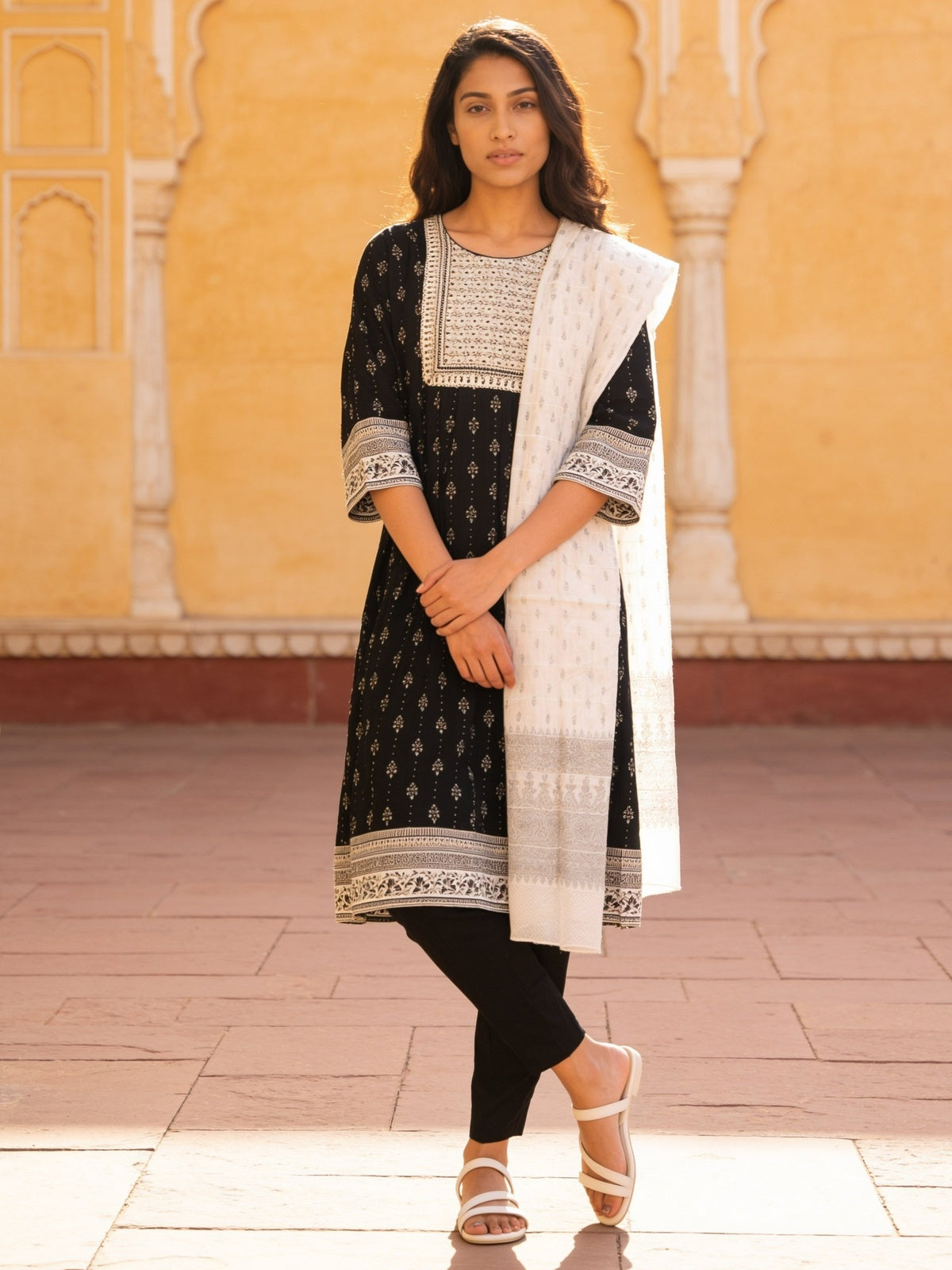 Buy Viscose Embroidered Flared Calf Length Kurta With Pant and Dupatta-Black