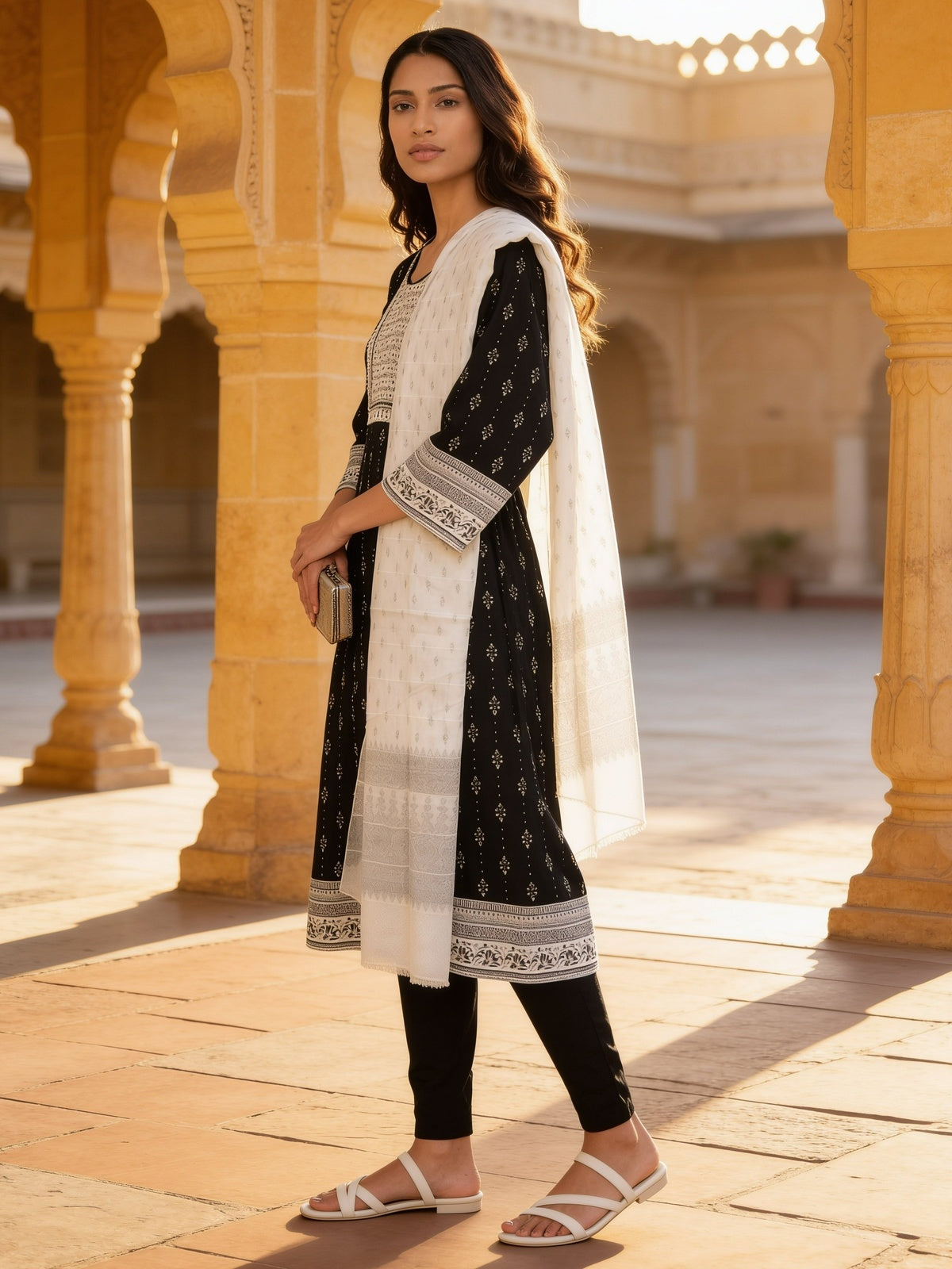 Viscose Embroidered Flared Calf Length Kurta With Pant and Dupatta