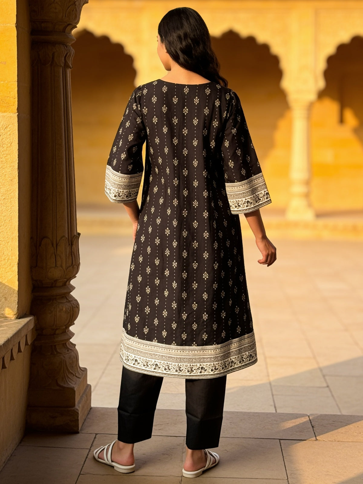 Buy Viscose Embroidered Flared Calf Length Kurta With Pant and Dupatta-Black