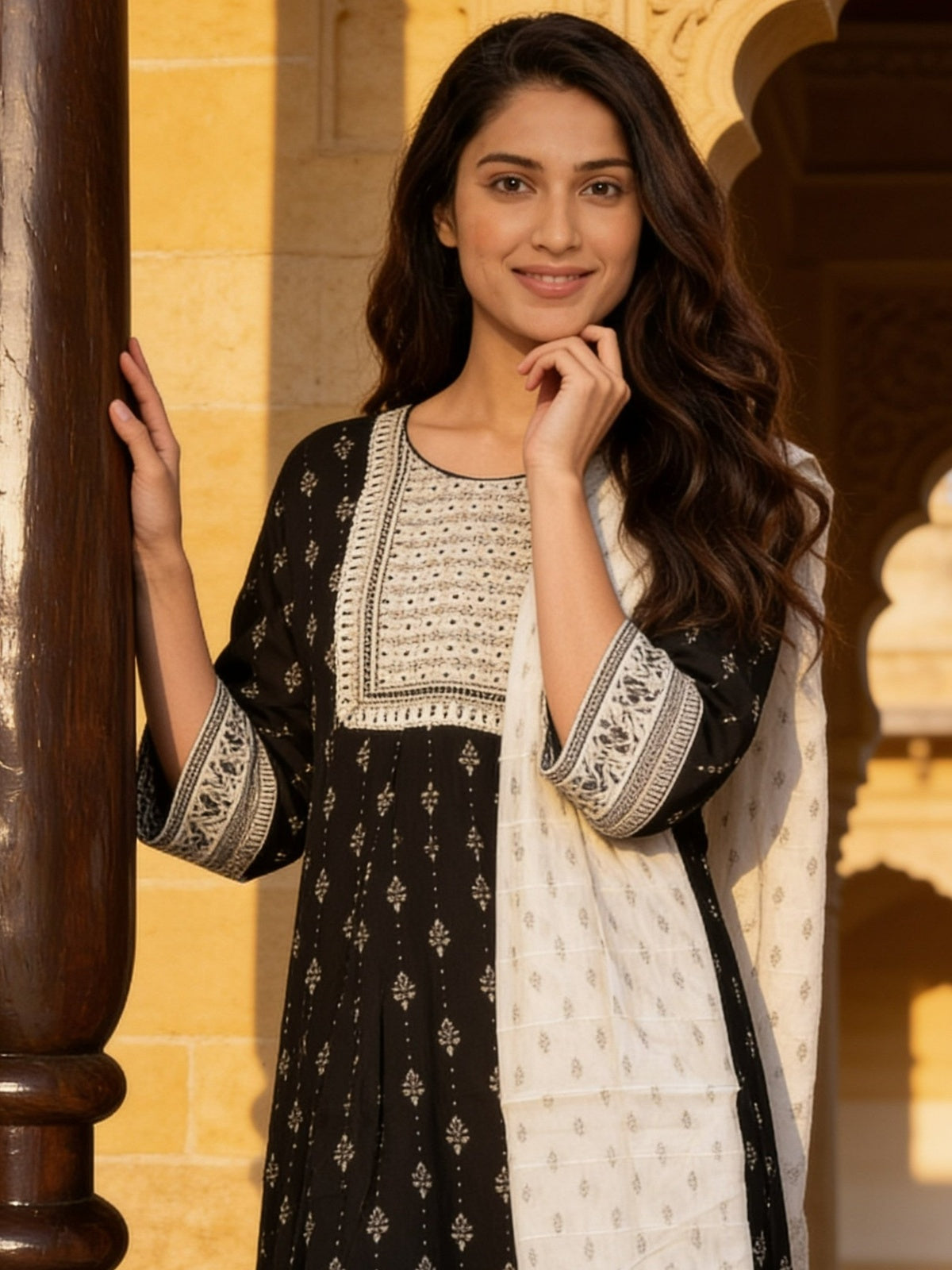 Viscose Embroidered Flared Calf Length Kurta With Pant and Dupatta