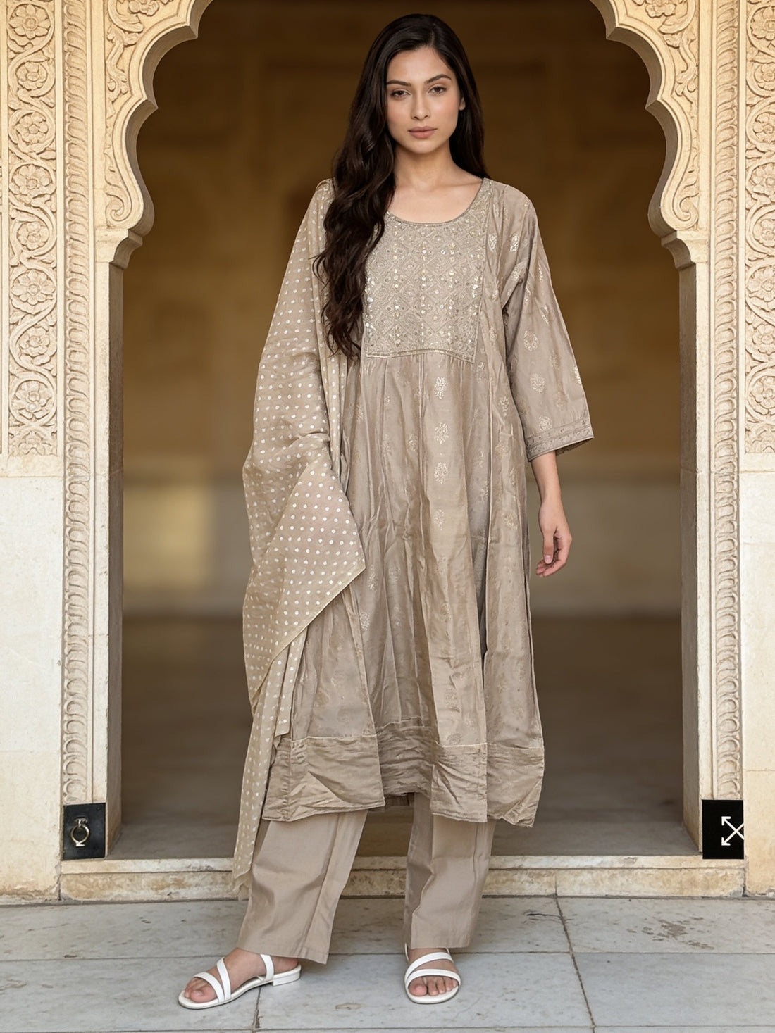 Buy Poly Viscose Embroidered Anarkali Calf Length Kurta With Pant and Dupatta-Cream