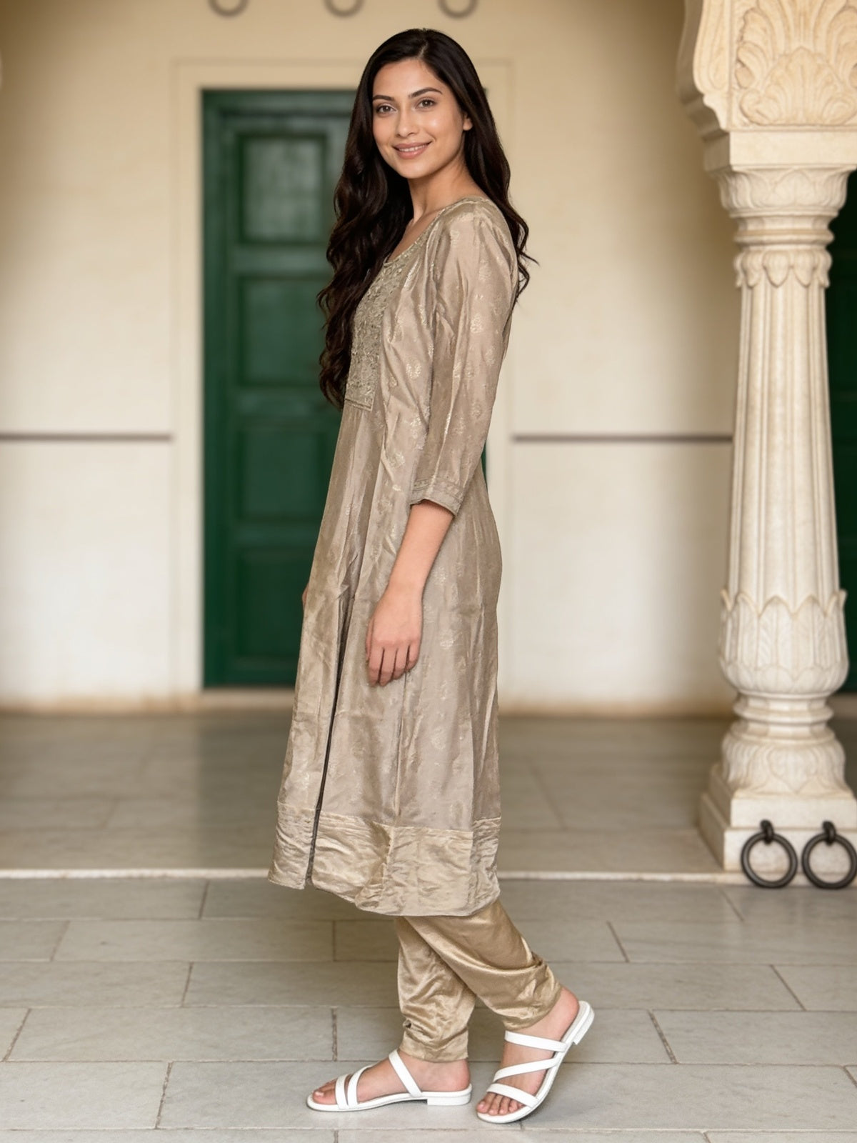 Poly Viscose Embroidered Anarkali Calf Length Kurta With Pant and Dupatta