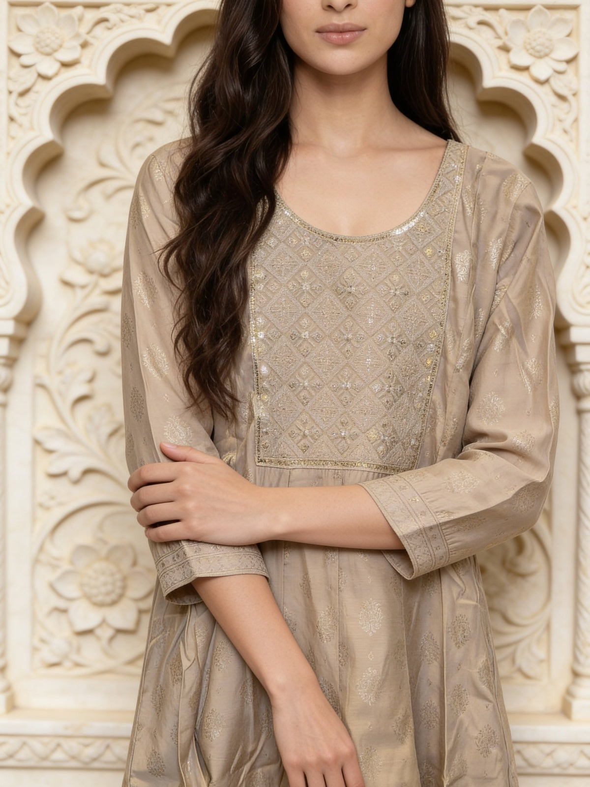 Buy Poly Viscose Embroidered Anarkali Calf Length Kurta With Pant and Dupatta-Cream