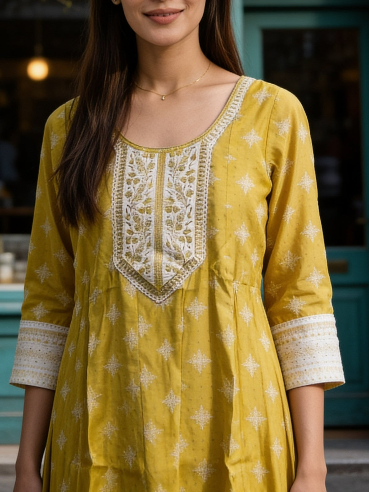 Buy Viscose Embroidered Straight Calf Length Kurta With Pant and Dupatta-Yellow