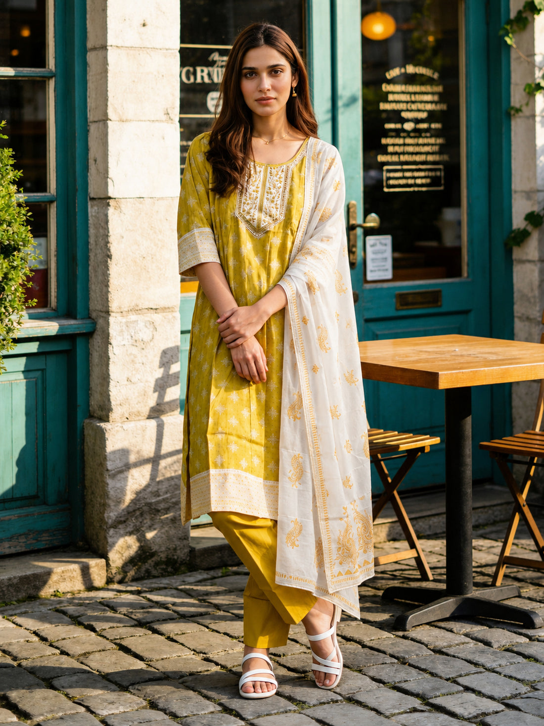 Buy Viscose Embroidered Straight Calf Length Kurta With Pant and Dupatta-Yellow