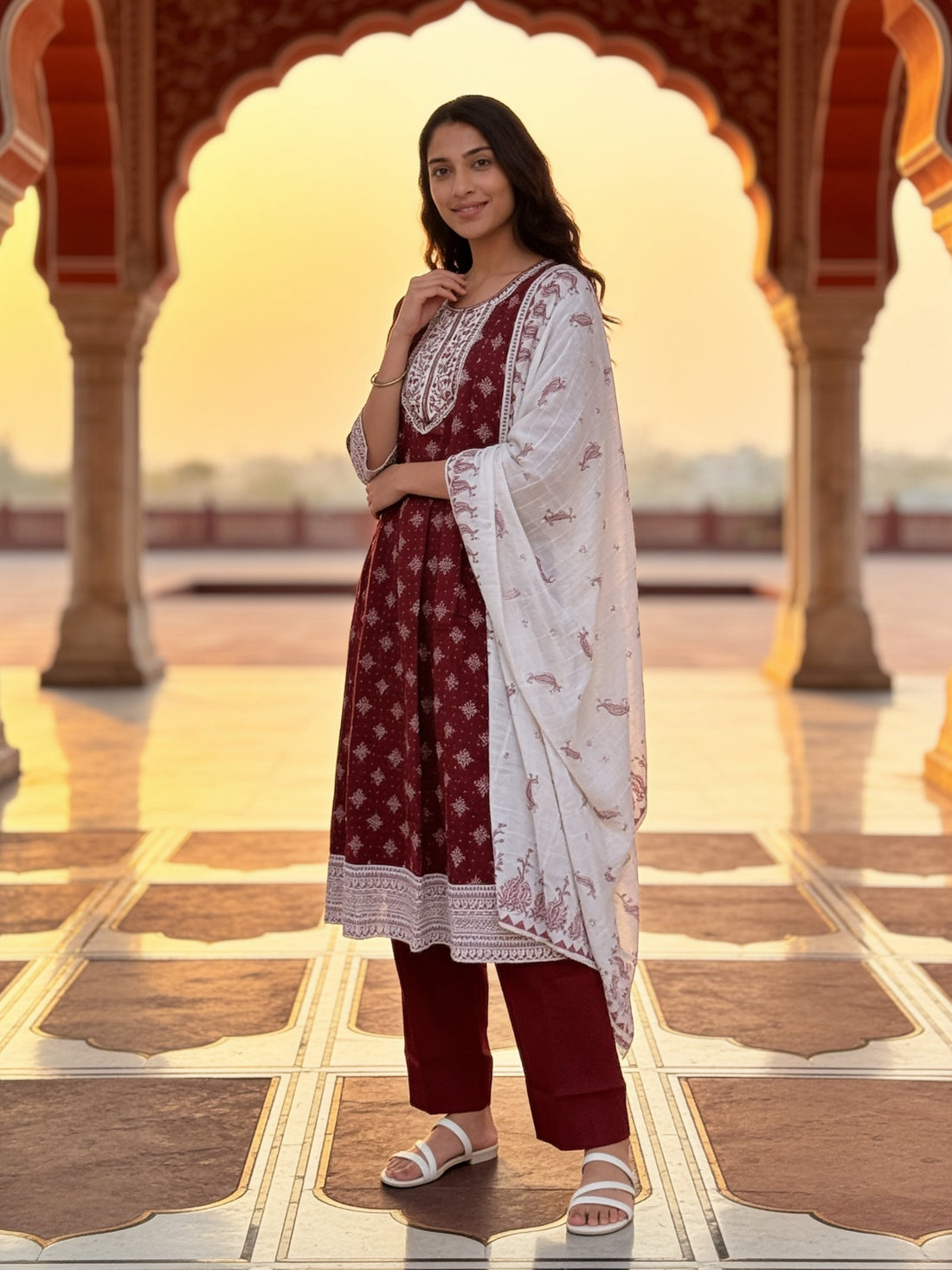 Buy Viscose Embroidered Flared Calf Length Kurta With Pant and Dupatta-Maroon