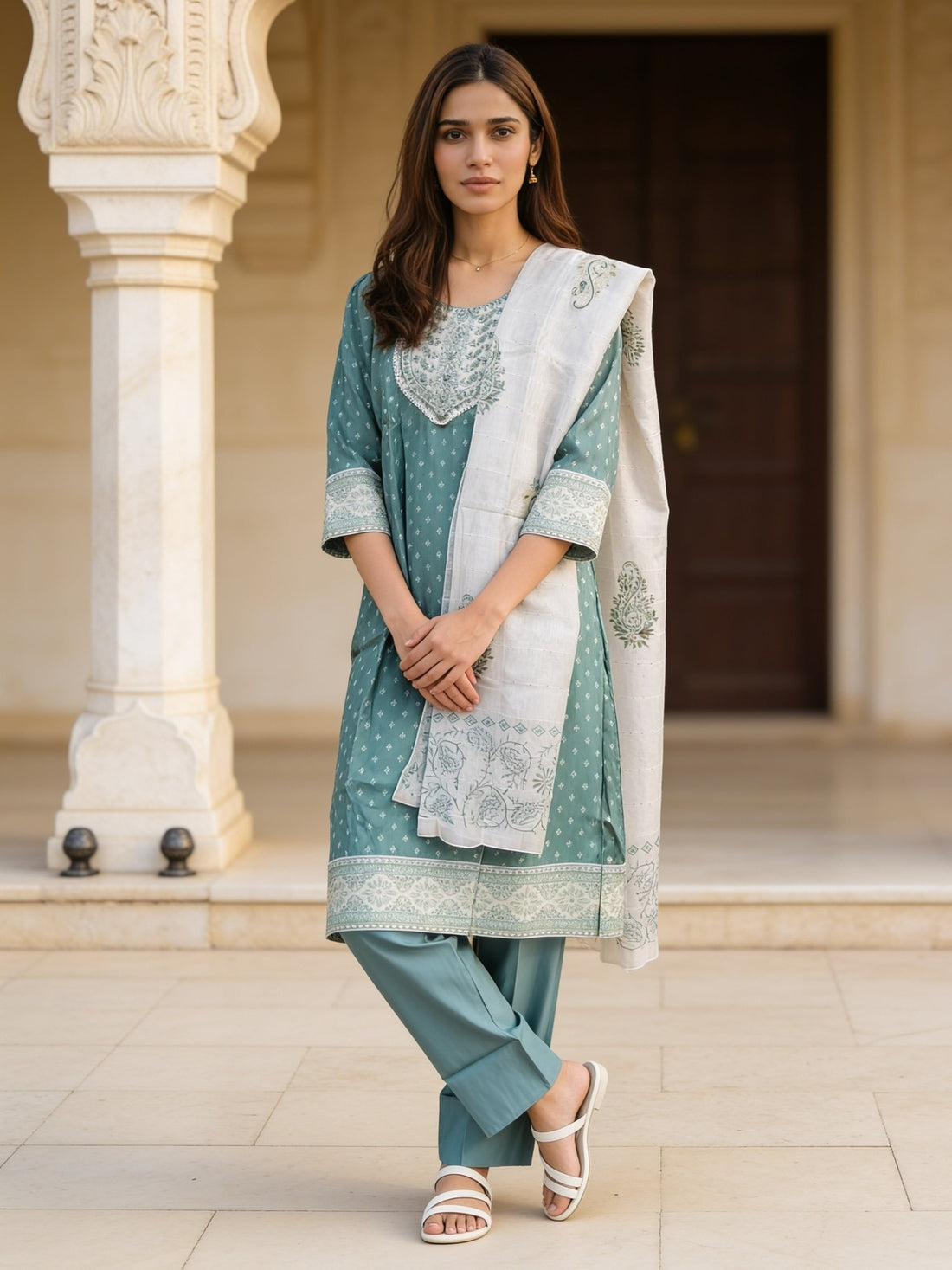 Buy Viscose Embroidered Straight Calf Length Kurta With Pant and Dupatta-Pista Green