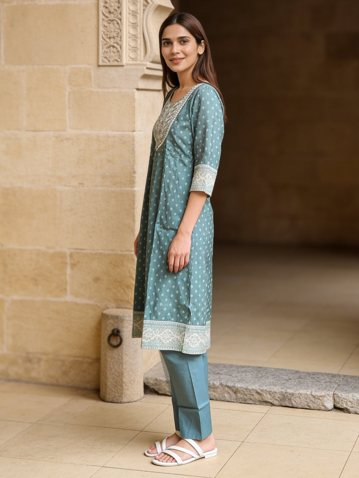 Buy Viscose Embroidered Straight Calf Length Kurta With Pant and Dupatta-Pista Green