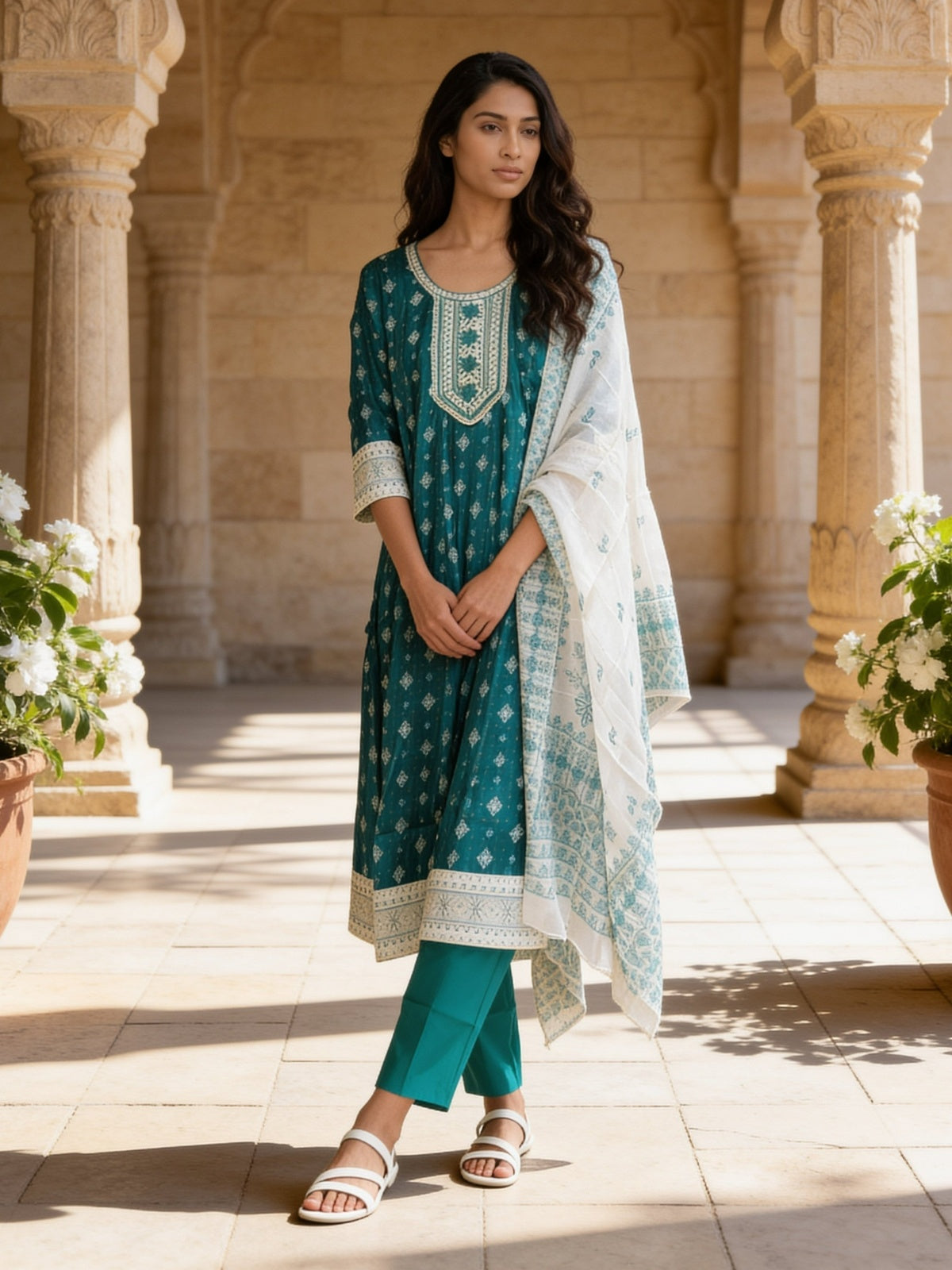 Buy Viscose Embroidered Flared Calf Length Kurta With Pant and Dupatta-Turquoise