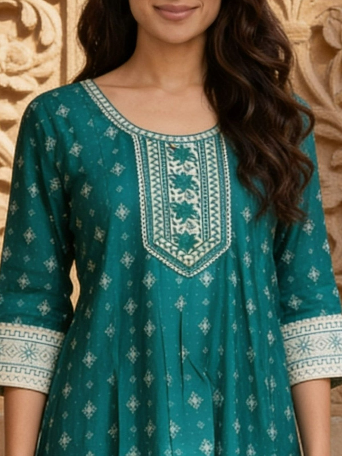 Buy Viscose Embroidered Flared Calf Length Kurta With Pant and Dupatta-Turquoise