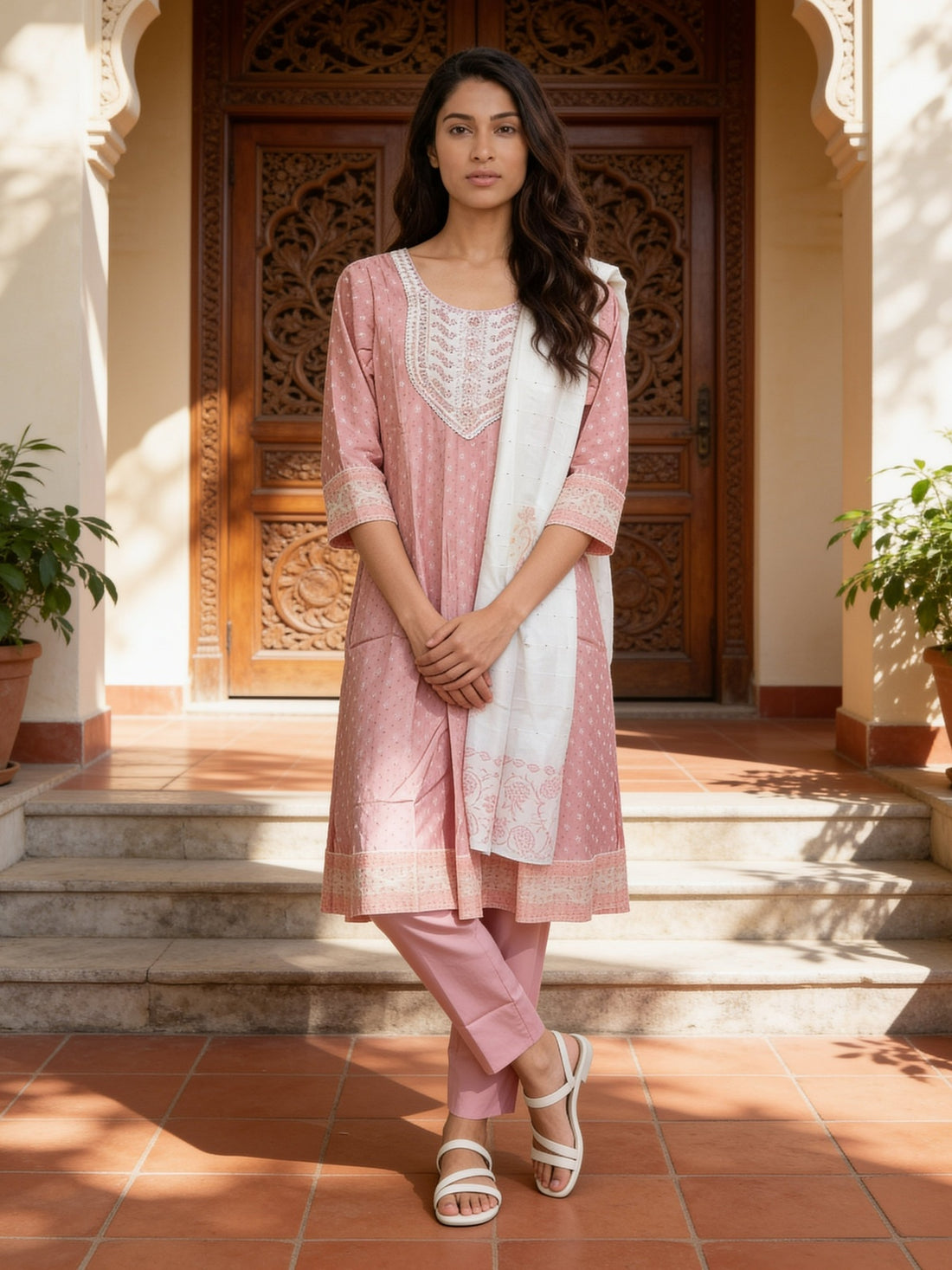 Buy Viscose Embroidered Flared Calf Length Kurta With Pant and Dupatta-Peach