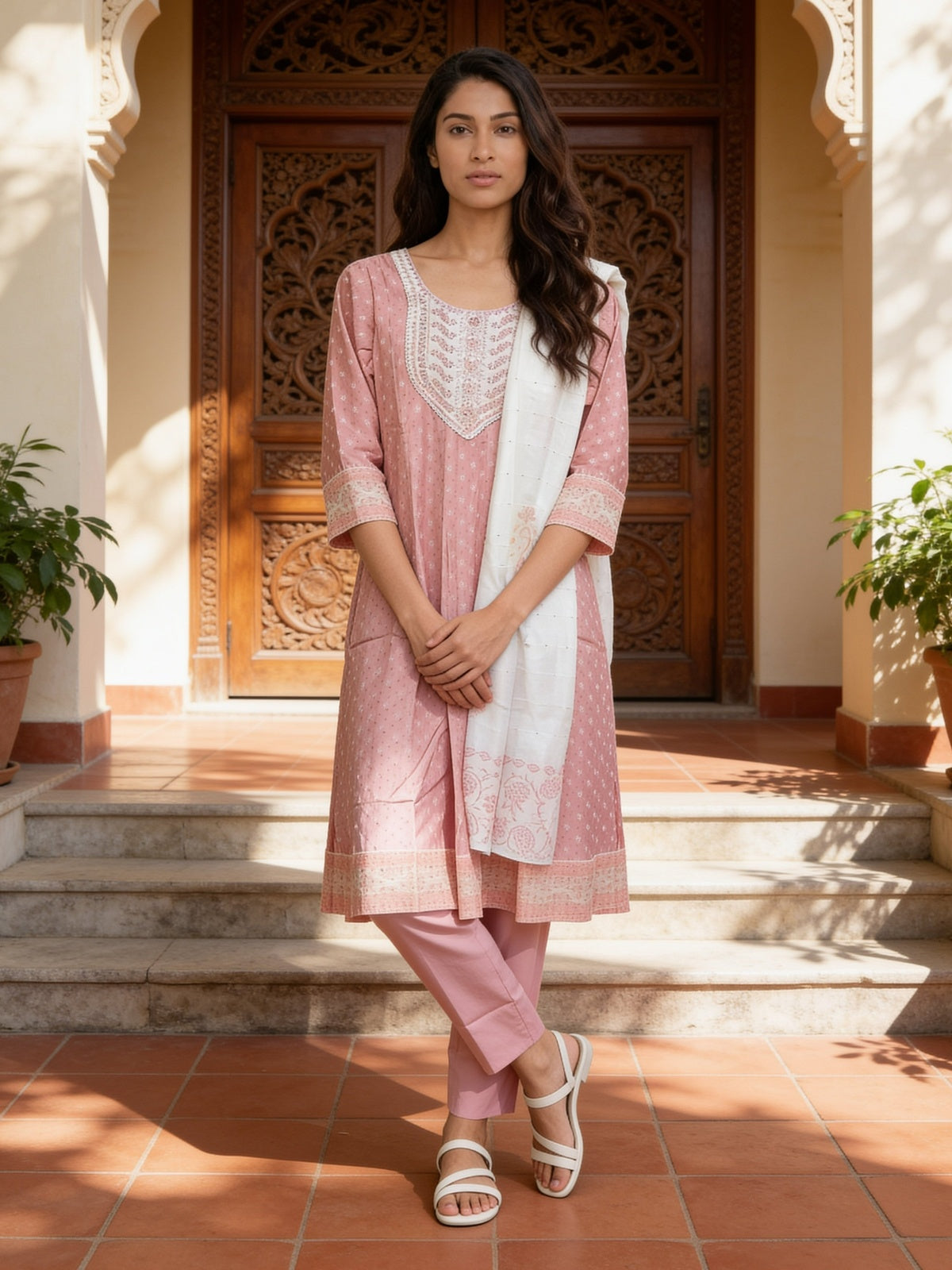 Buy Viscose Embroidered Flared Calf Length Kurta With Pant and Dupatta-Peach