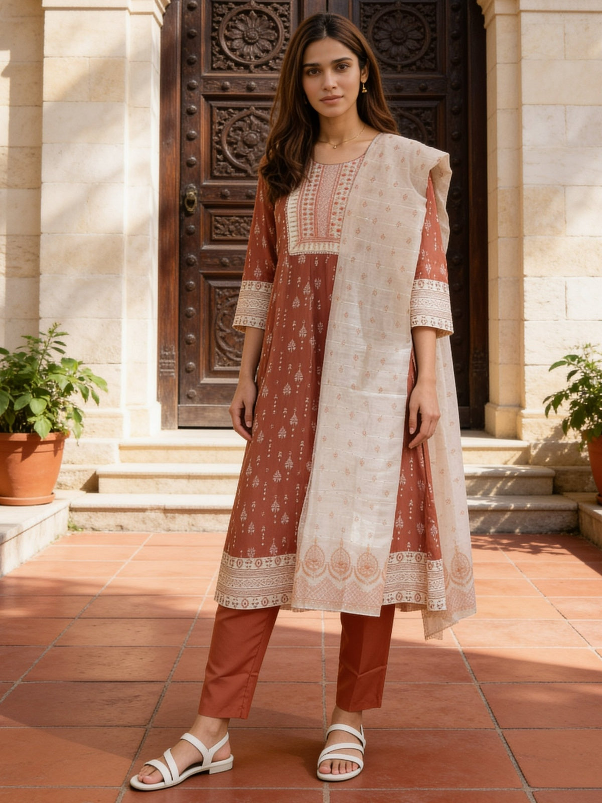 Buy Viscose Embroidered Flared Calf Length Kurta With Pant and Dupatta-Peach