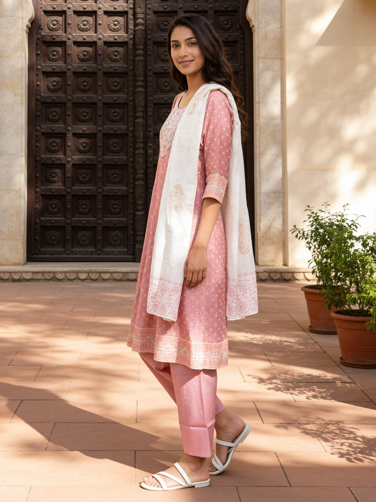 Viscose Embroidered Flared Calf Length Kurta With Pant and Dupatta