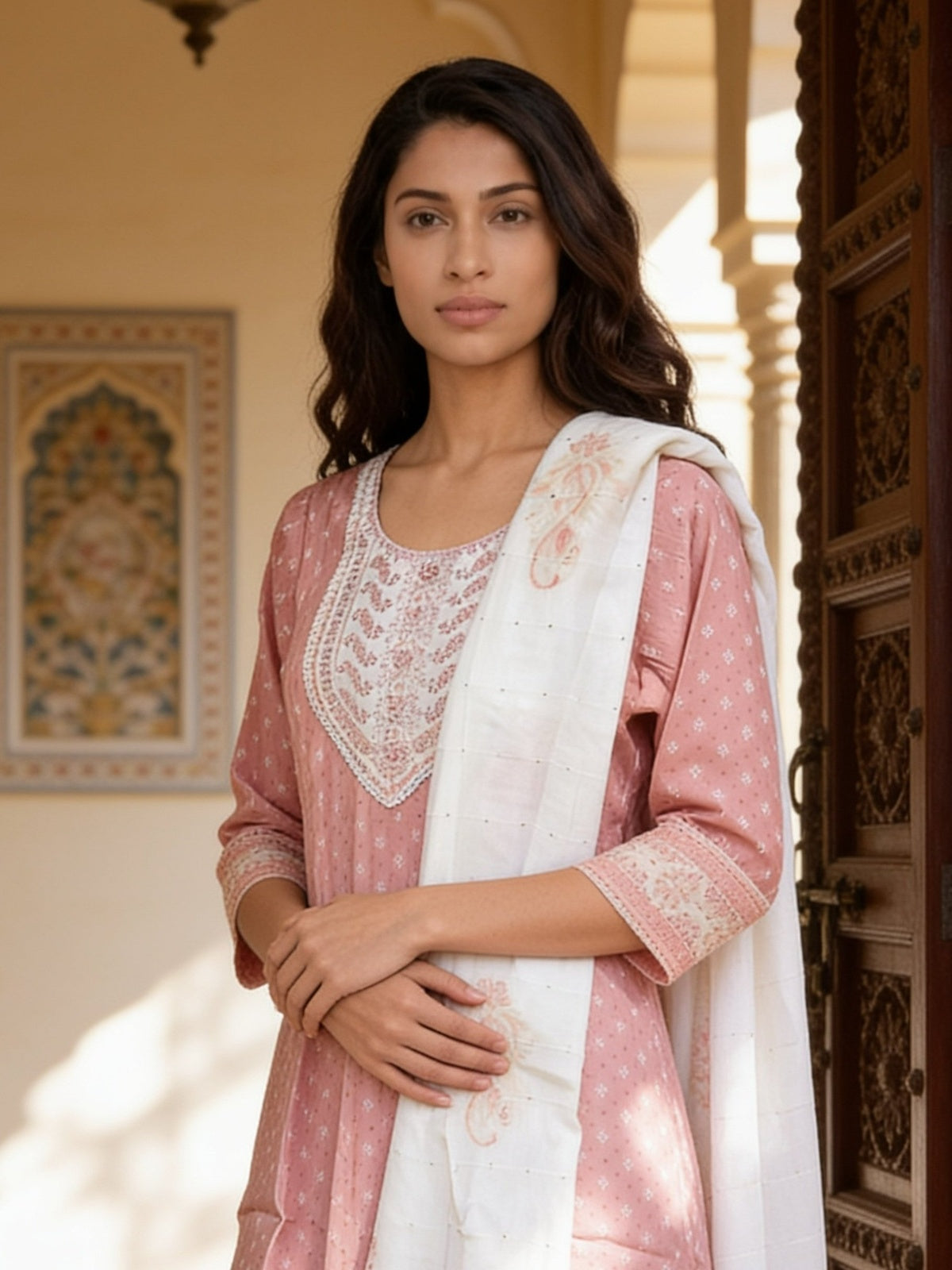Buy Viscose Embroidered Flared Calf Length Kurta With Pant and Dupatta-Peach