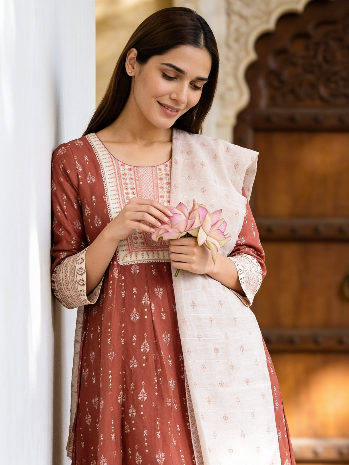 Viscose Embroidered Flared Calf Length Kurta With Pant and Dupatta