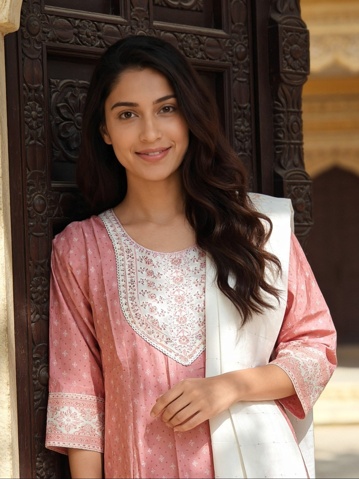 Buy Viscose Embroidered Flared Calf Length Kurta With Pant and Dupatta-Pink