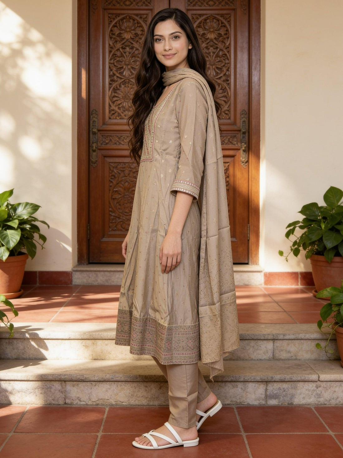 Buy Poly Viscose Embroidered Anarkali Calf Length Kurta With Pant and Dupatta-Grey
