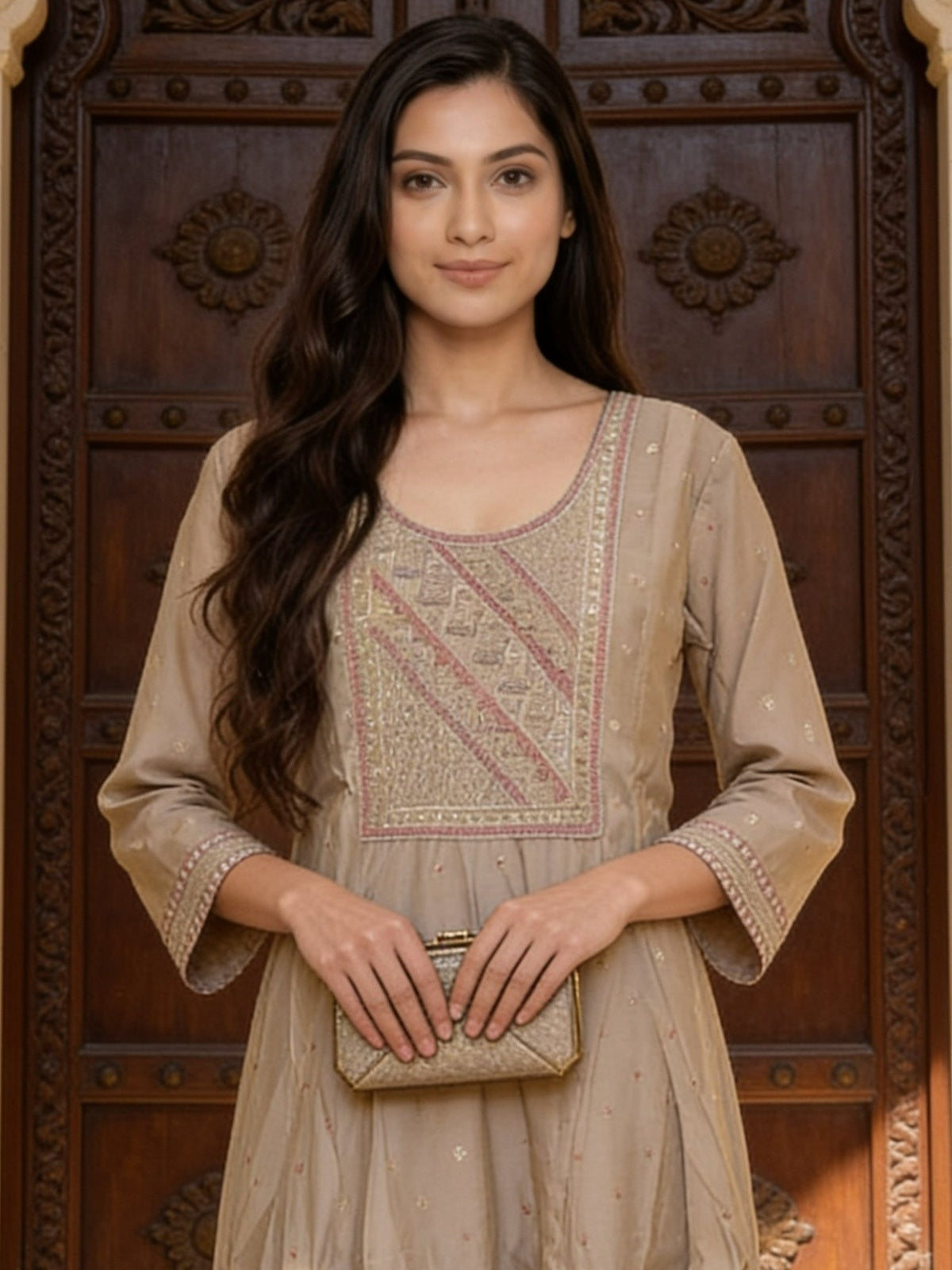 Buy Poly Viscose Embroidered Anarkali Calf Length Kurta With Pant and Dupatta-Grey