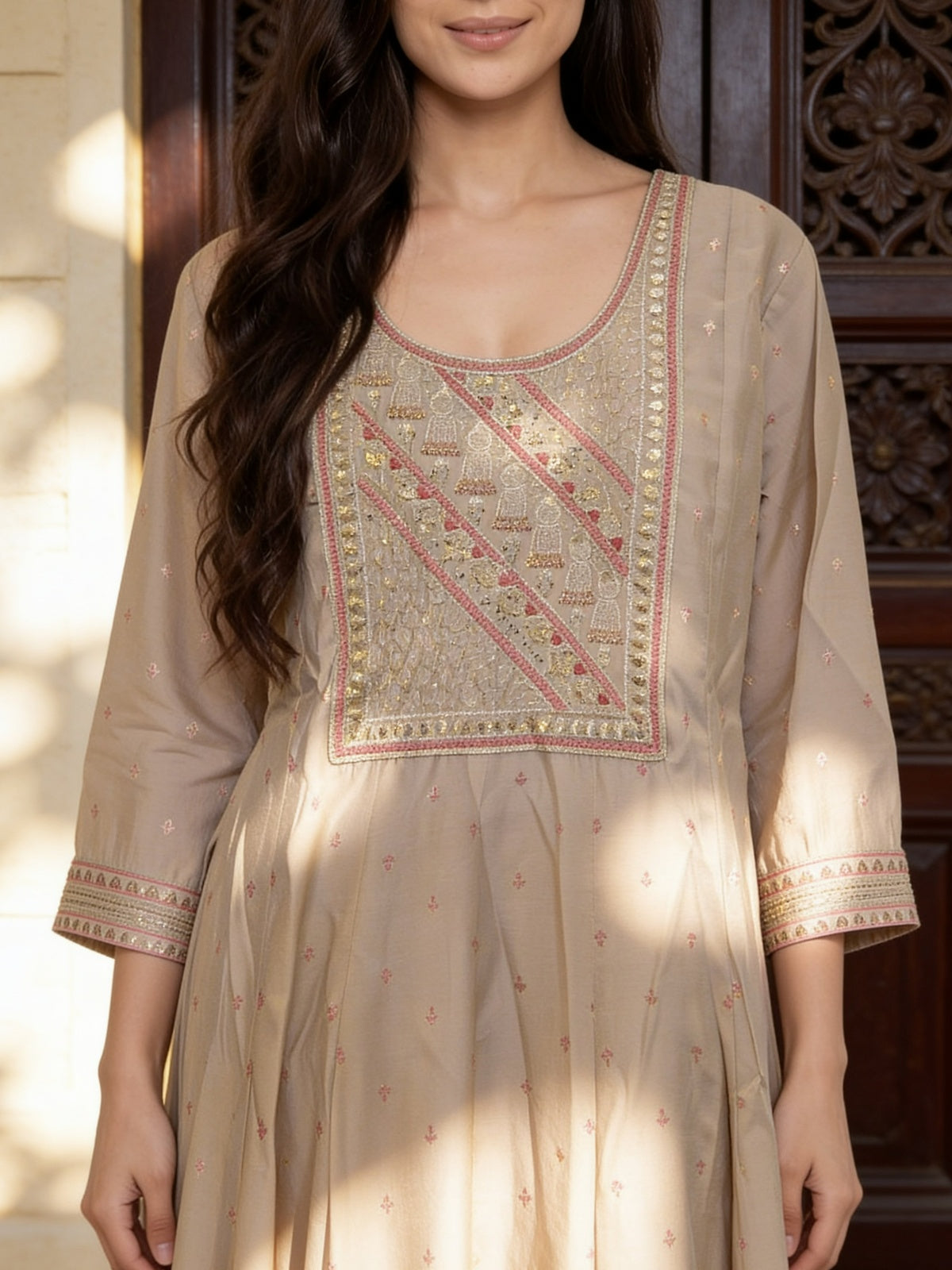 Buy Poly Viscose Embroidered Anarkali Calf Length Kurta With Pant and Dupatta-Grey
