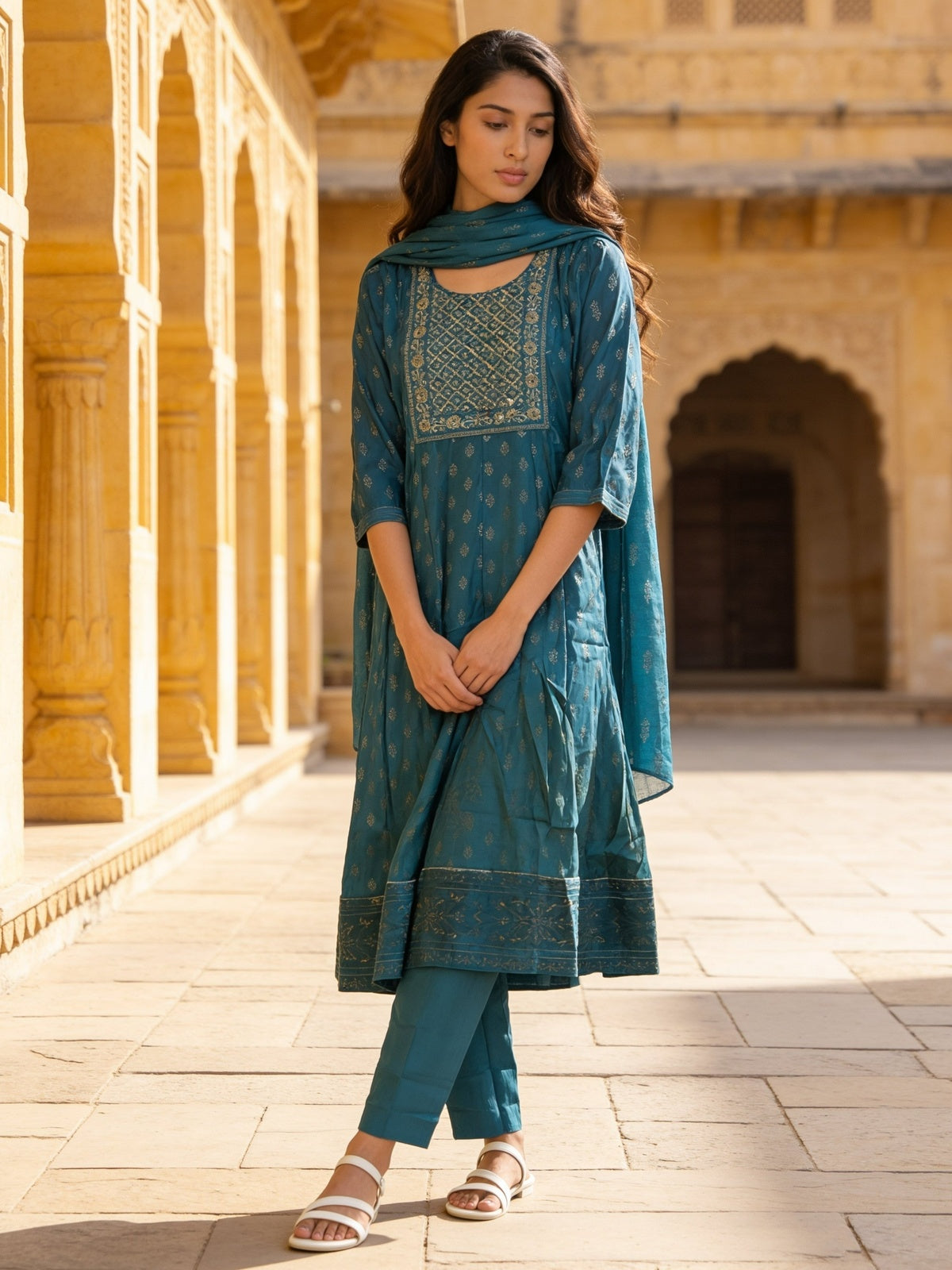 Poly Viscose Embroidered Anarkali Calf Length Kurta With Pant and Dupatta