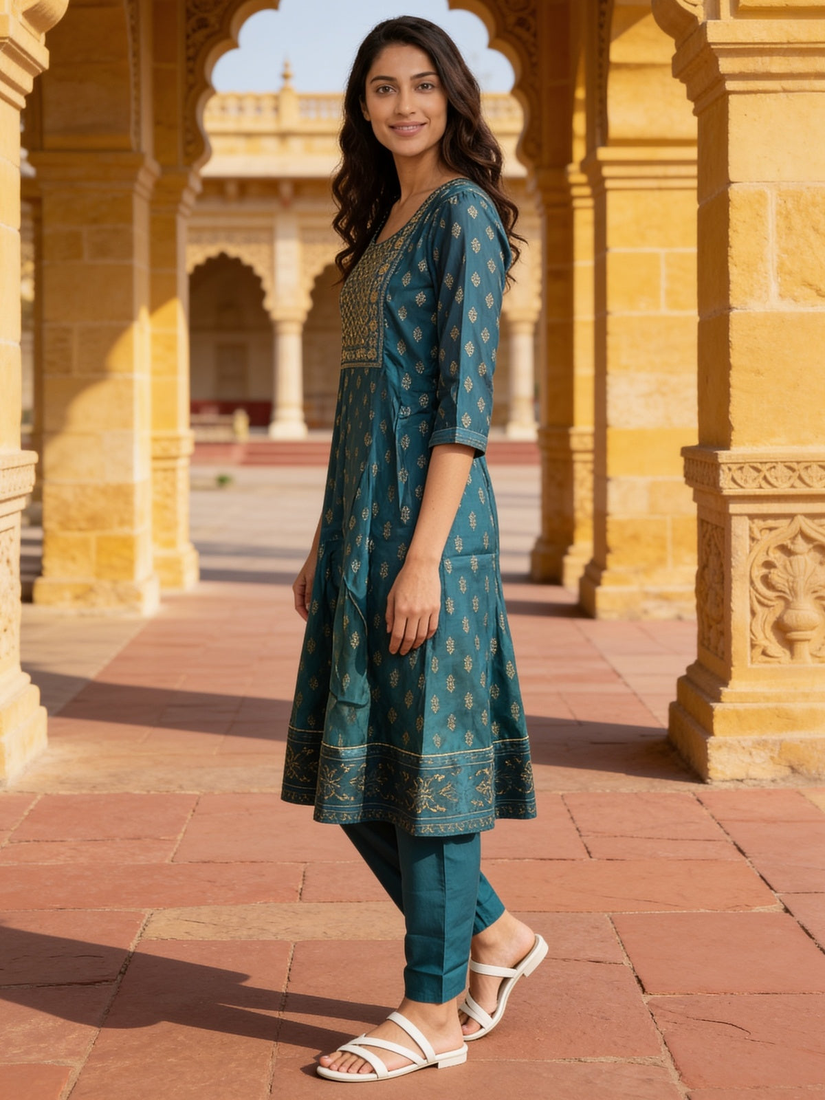Poly Viscose Embroidered Anarkali Calf Length Kurta With Pant and Dupatta