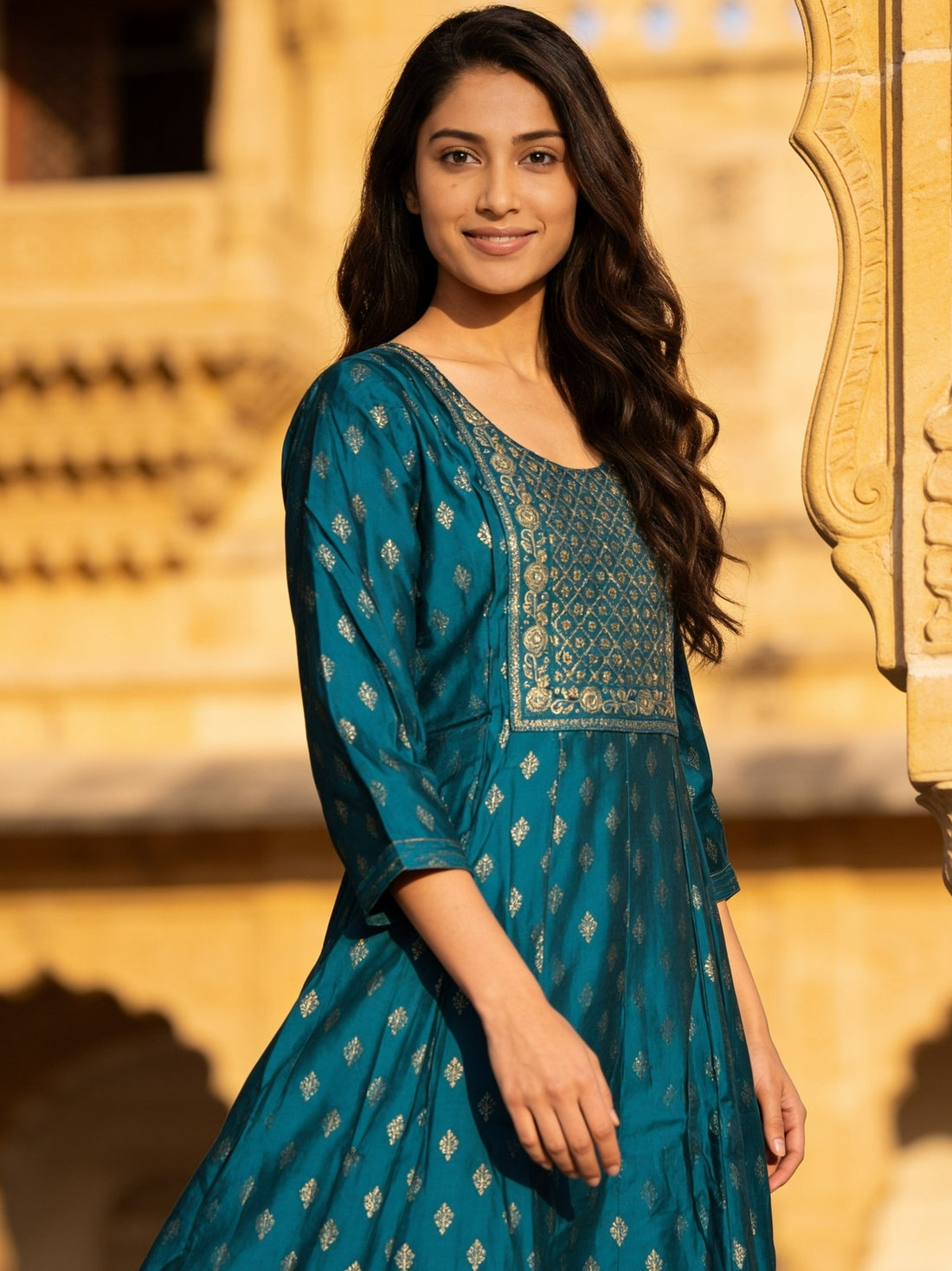 Buy Poly Viscose Embroidered Anarkali Calf Length Kurta With Pant and Dupatta-Turquoise
