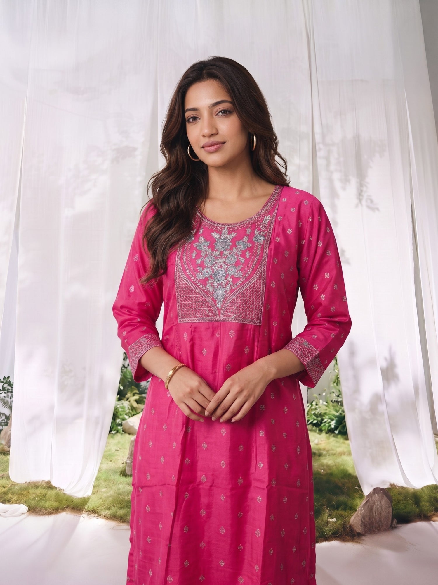 Buy Viscose Embroidered Straight Calf Length Kurta With Pant and Dupatta-Pink