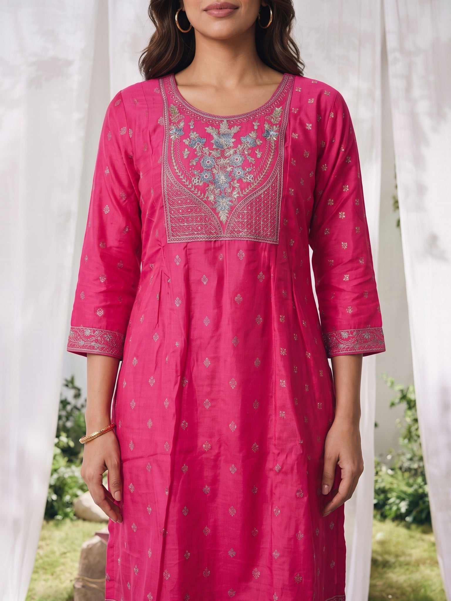 Viscose Embroidered Straight Calf Length Kurta With Pant and Dupatta