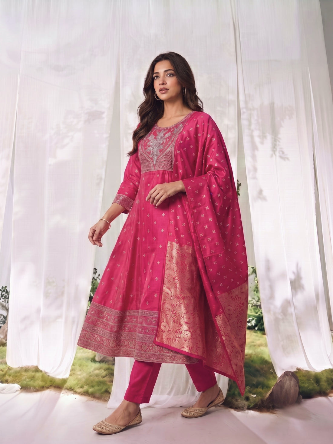 Buy Viscose Embroidered Straight Calf Length Kurta With Pant and Dupatta-Pink