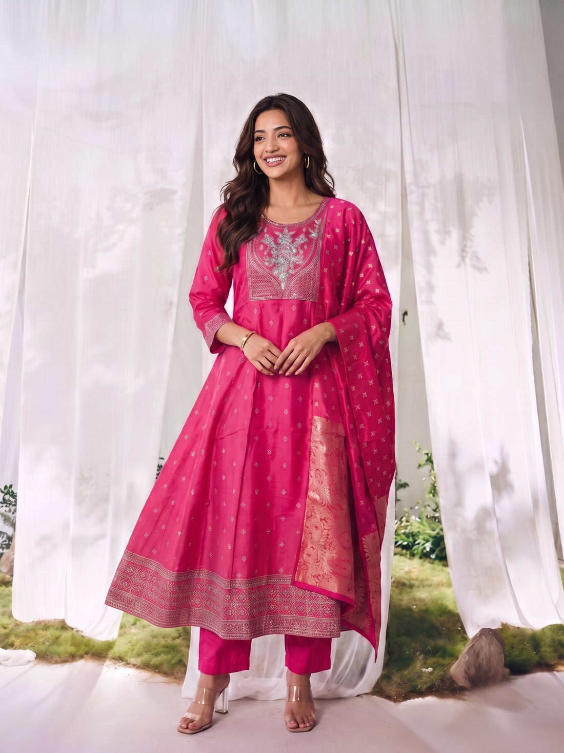 Buy Viscose Embroidered Straight Calf Length Kurta With Pant and Dupatta-Pink