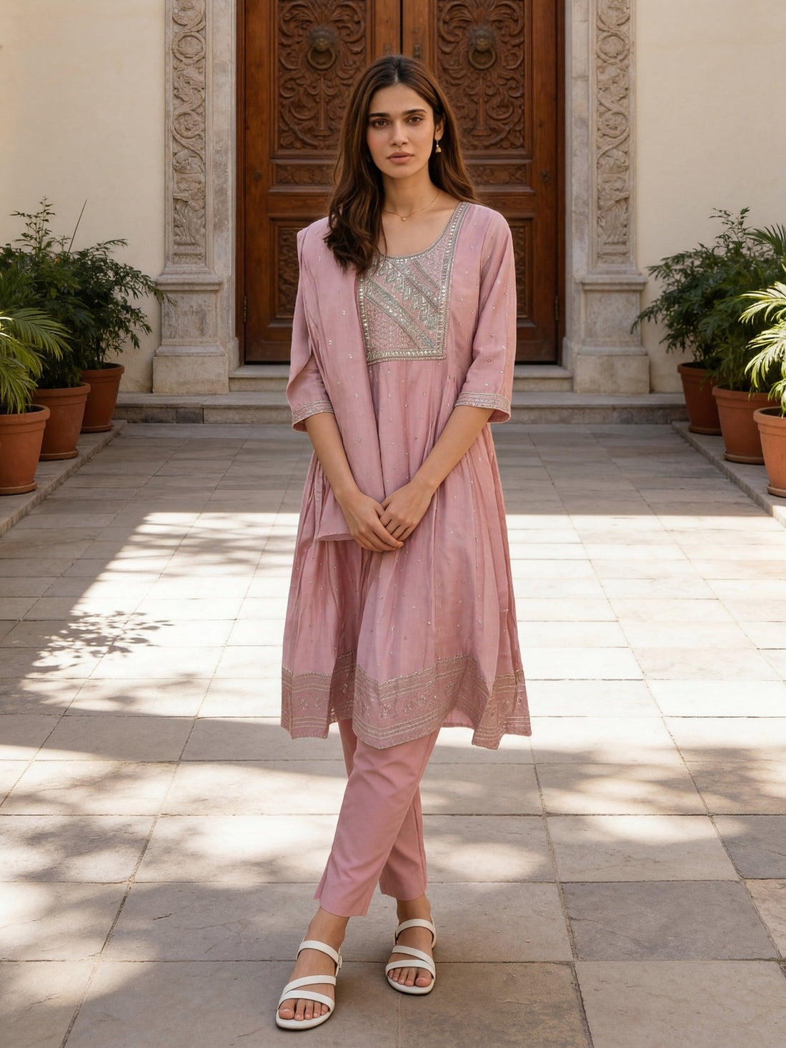 Buy Viscose Embroidered Flared Calf Length Kurta With Pant and Dupatta-Peach