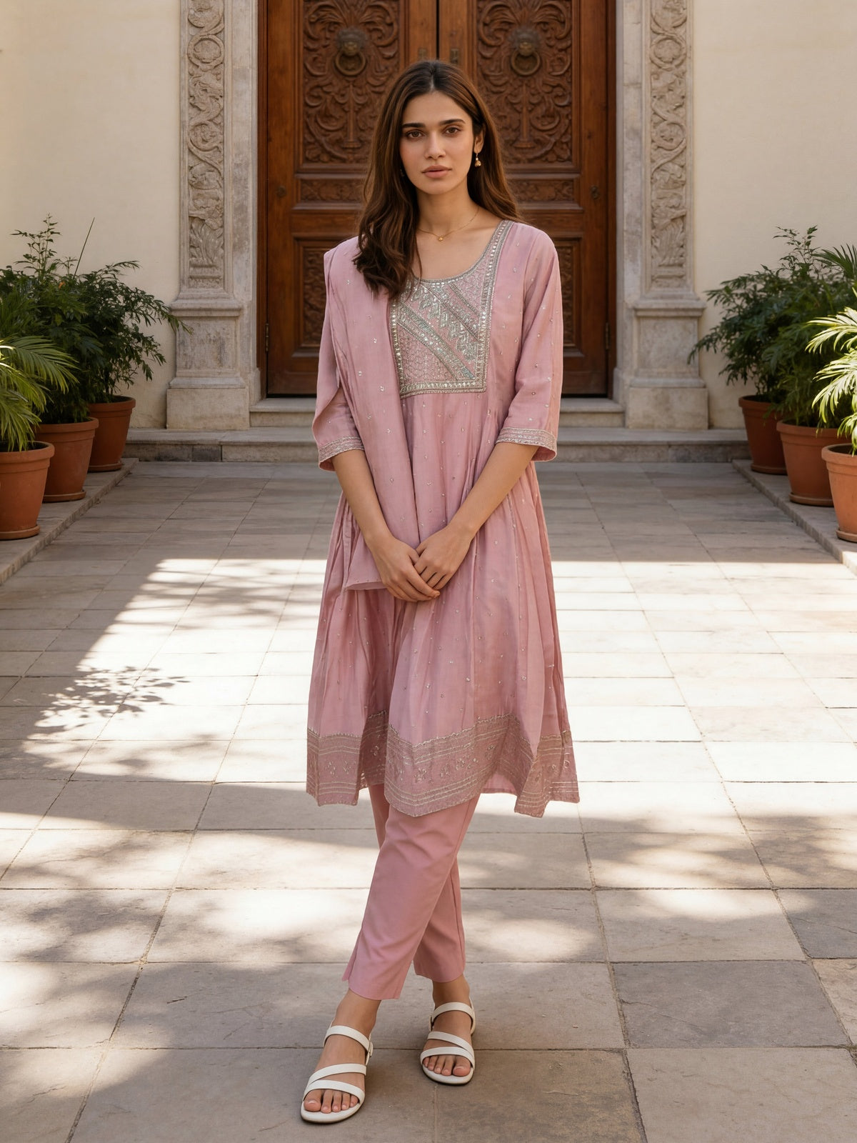 Buy Viscose Embroidered Flared Calf Length Kurta With Pant and Dupatta-Peach