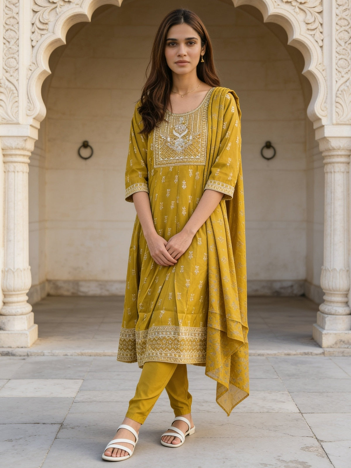 Buy Viscose Embroidered A-Line Calf Length Kurta With Pant and Dupatta-Yellow