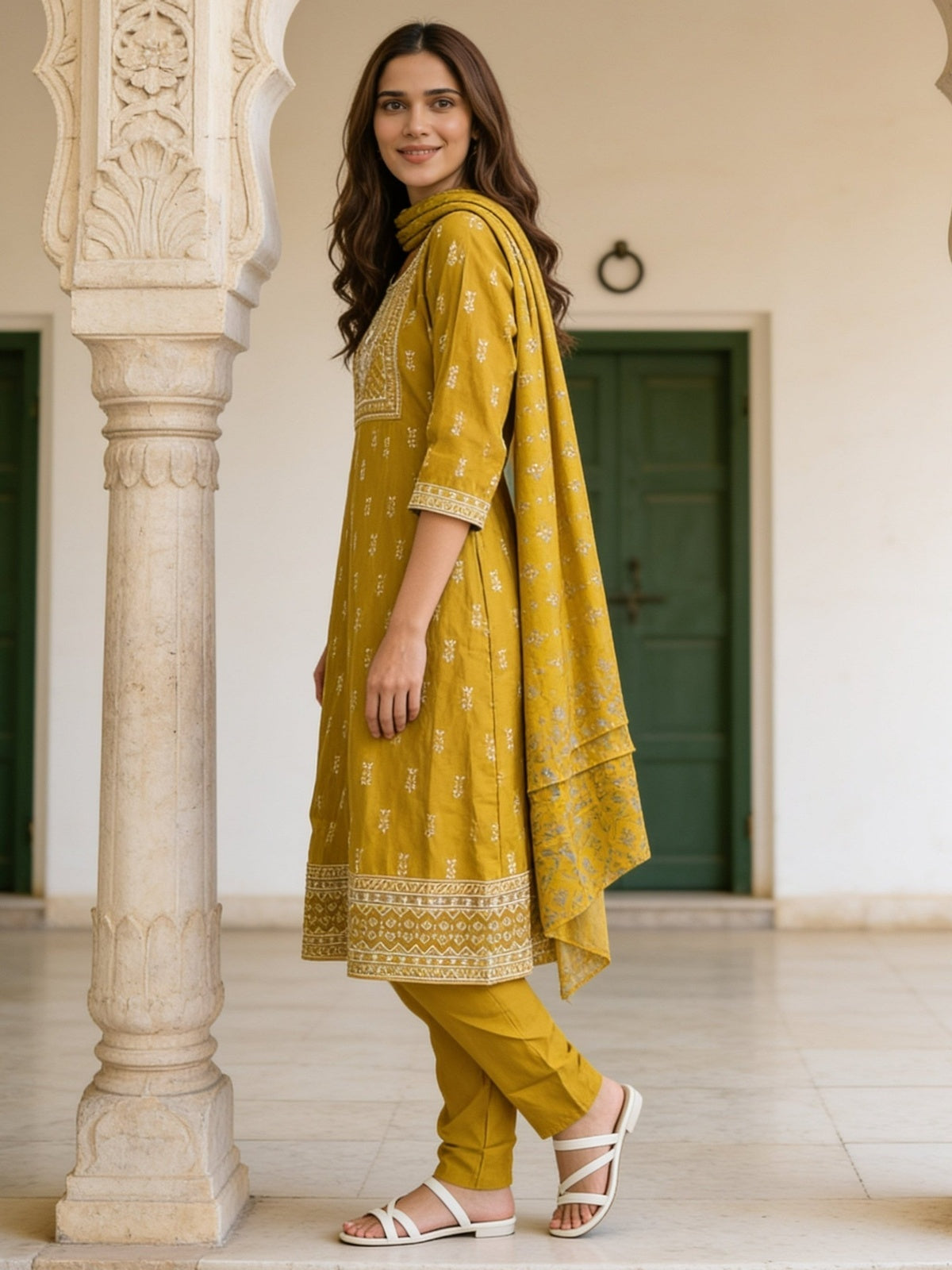 Viscose Embroidered A-Line Calf Length Kurta With Pant and Dupatta