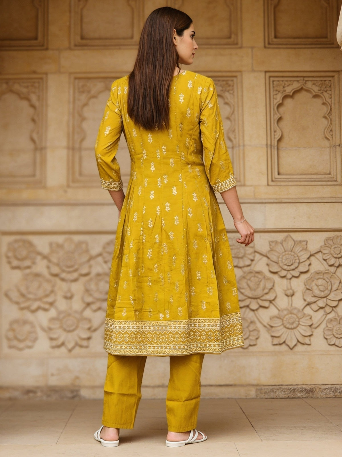 Buy Viscose Embroidered A-Line Calf Length Kurta With Pant and Dupatta-Yellow