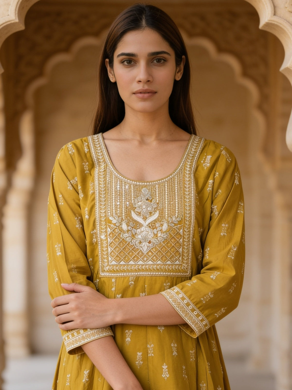 Buy Viscose Embroidered A-Line Calf Length Kurta With Pant and Dupatta-Yellow