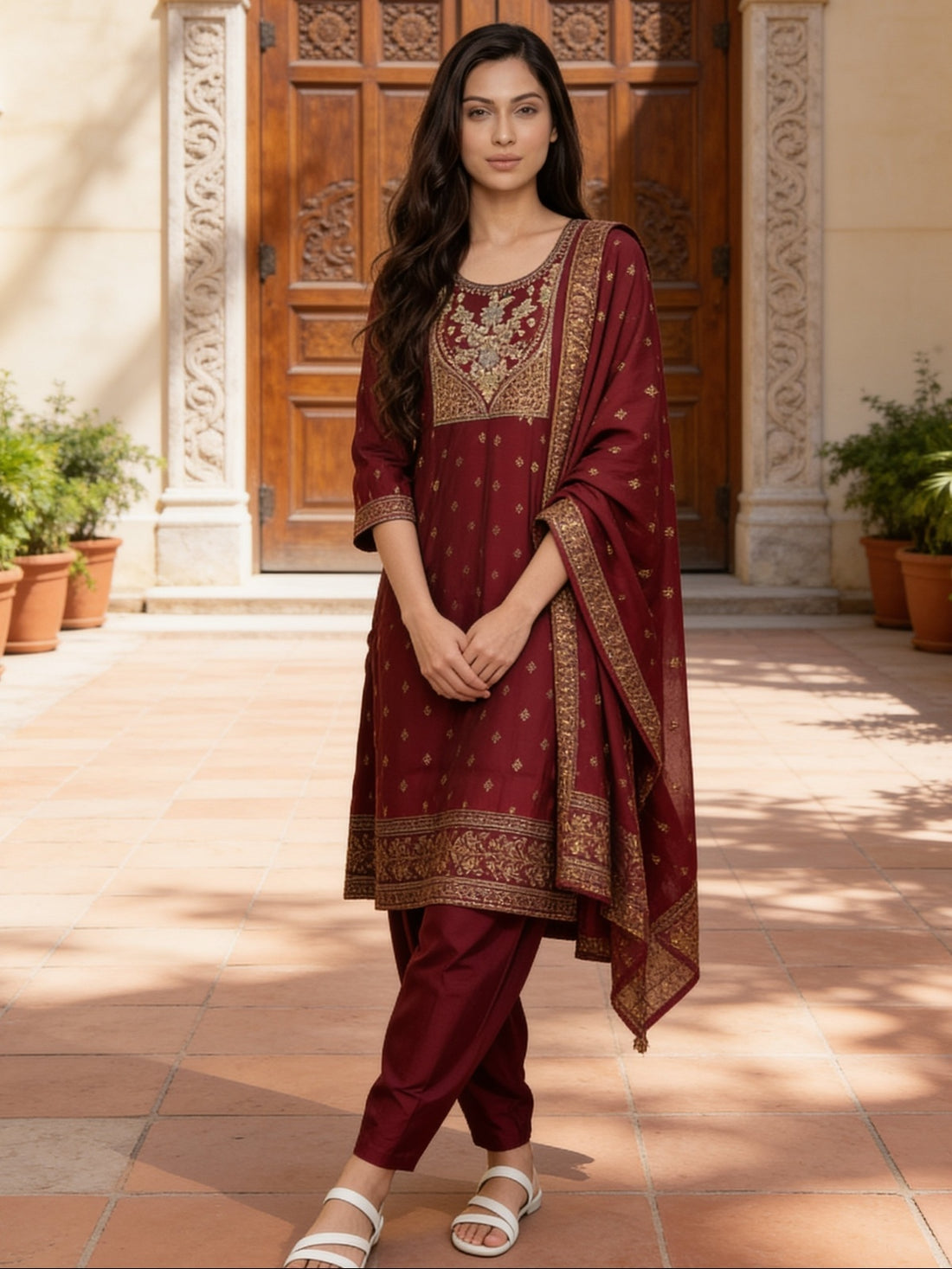 Buy Poly Viscose Embroidered Anarkali Calf Length Kurta With Pant and Dupatta-Red