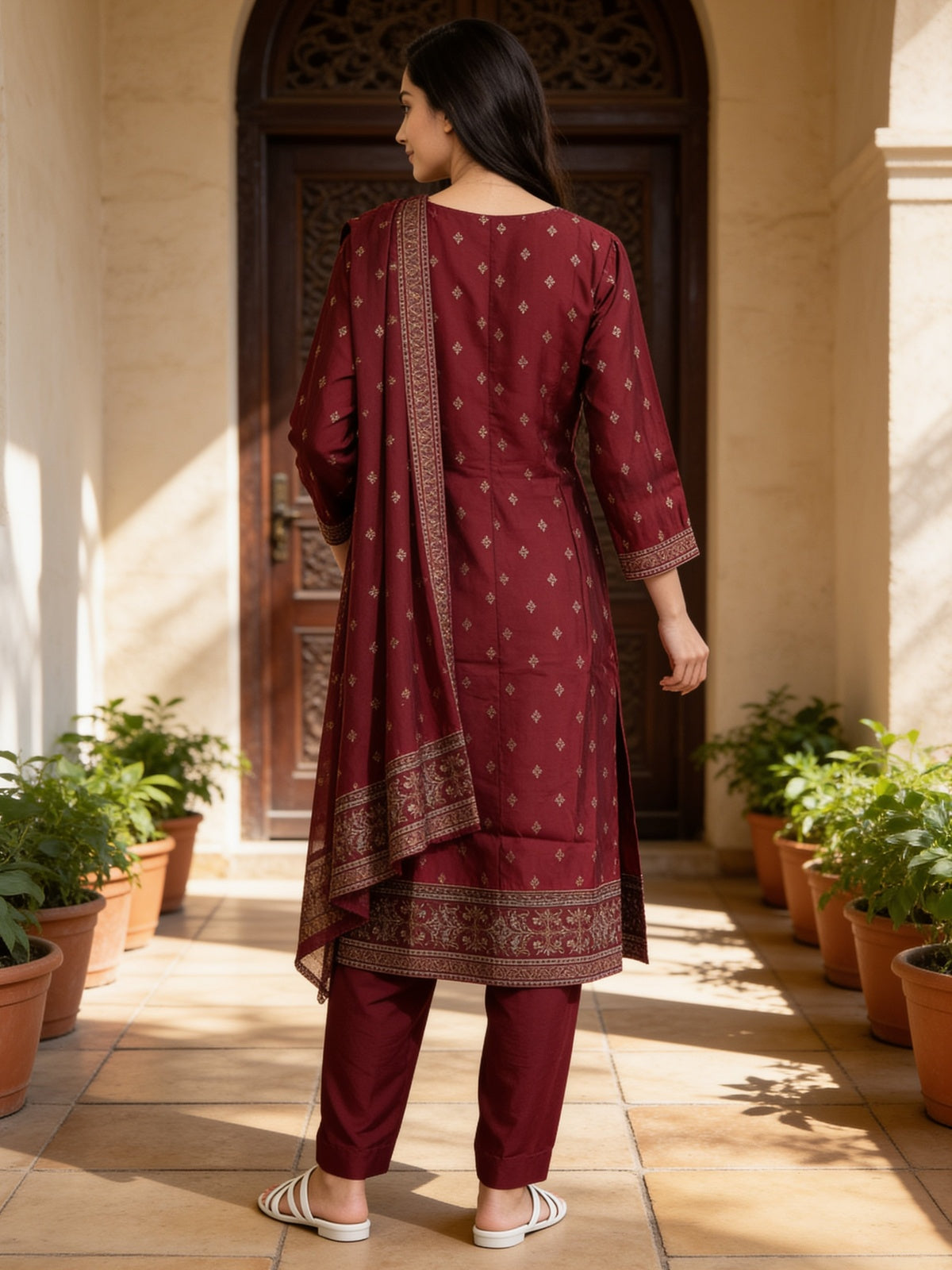 Buy Poly Viscose Embroidered Anarkali Calf Length Kurta With Pant and Dupatta-Red